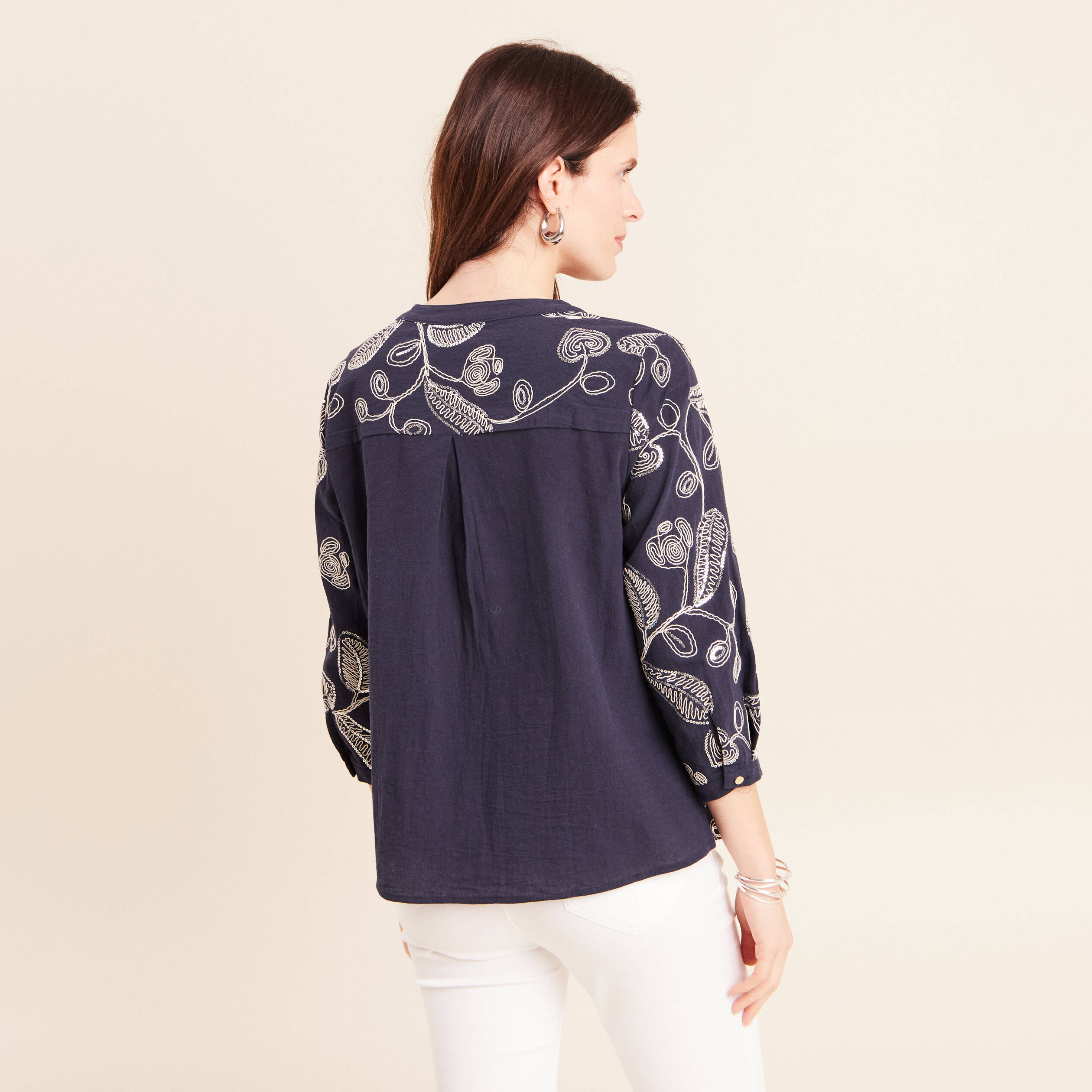 Blouse col tunisien manches 3/4 bleu femme
