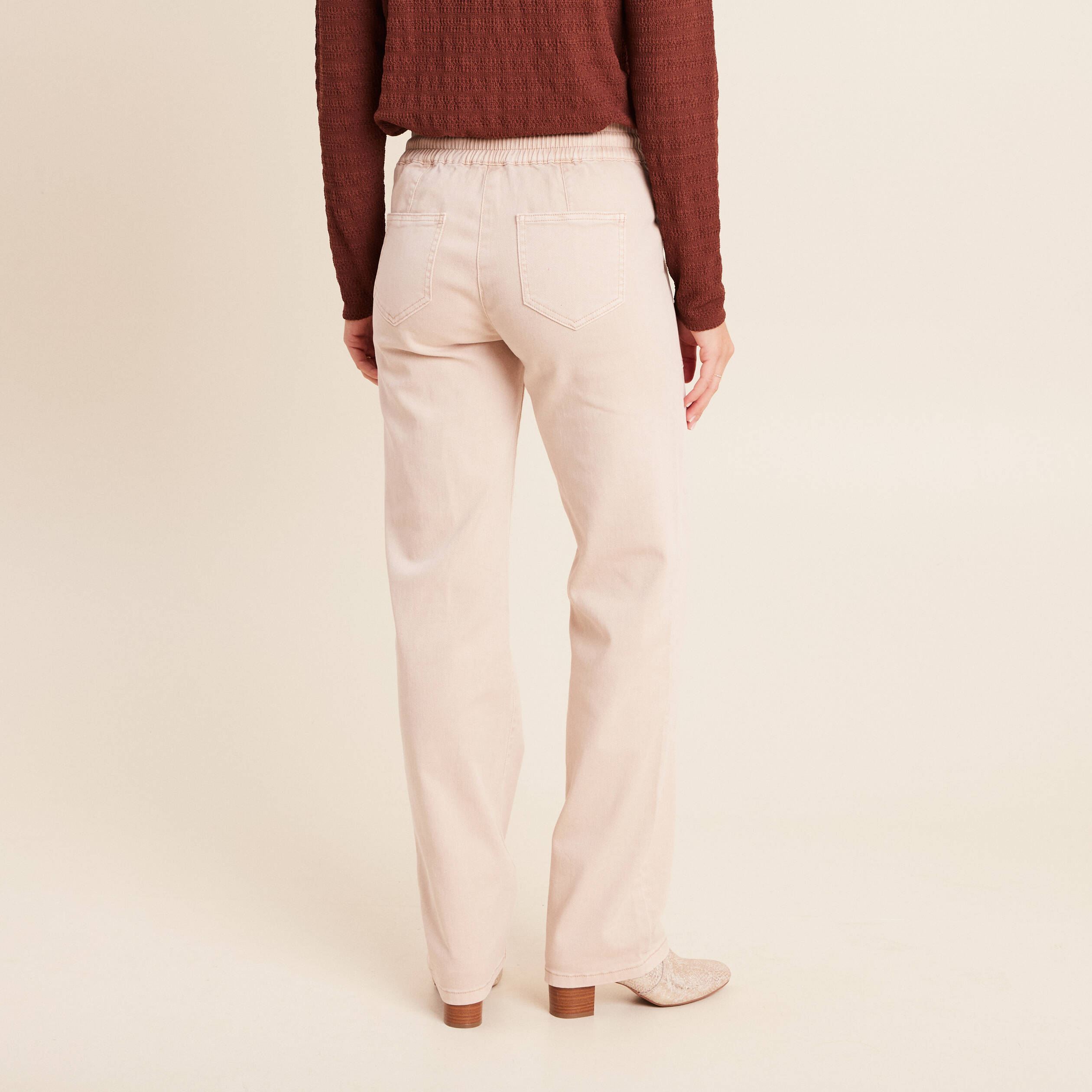 Pantalon taille haute coupe droite denim beige femme