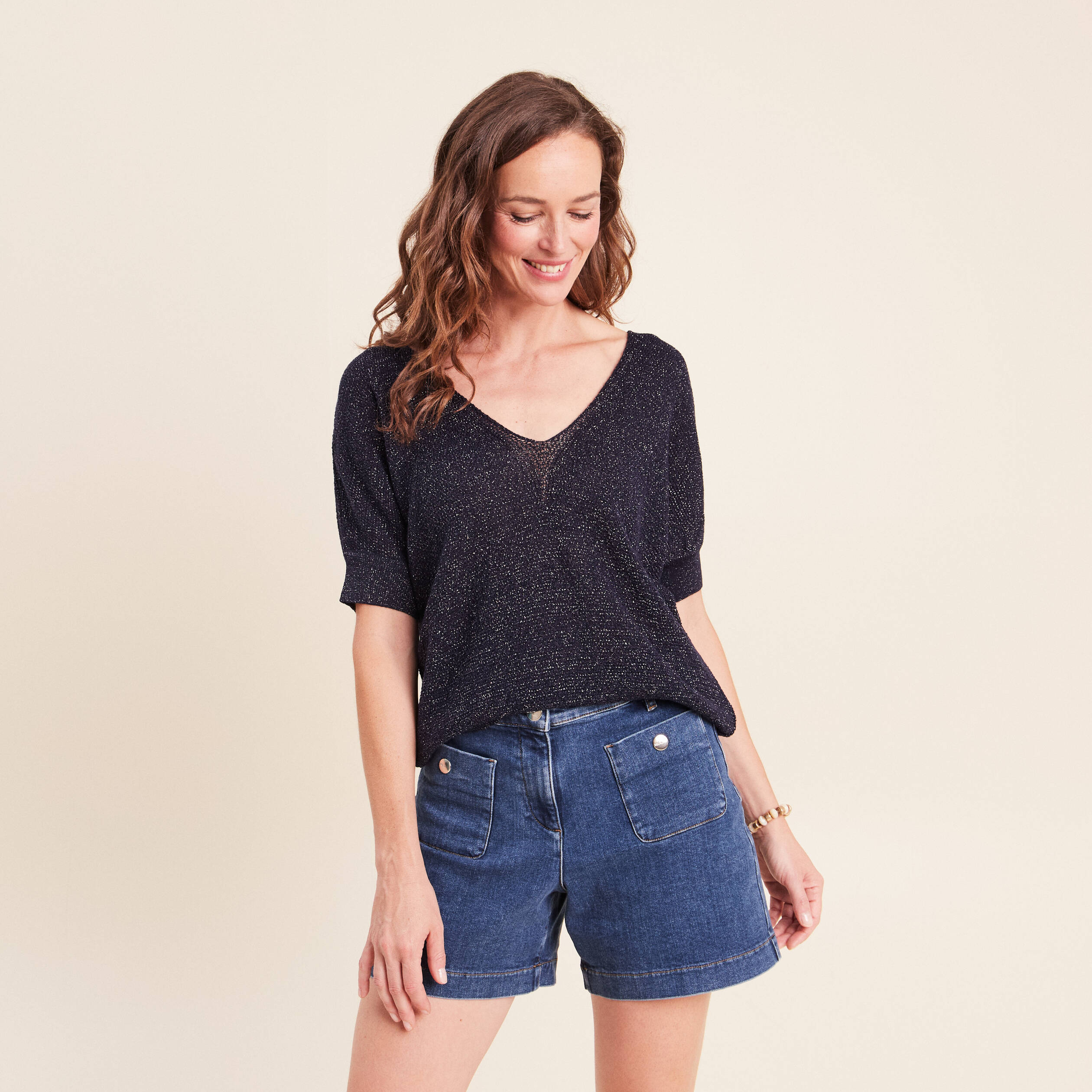 Pull col v bleu marine femme