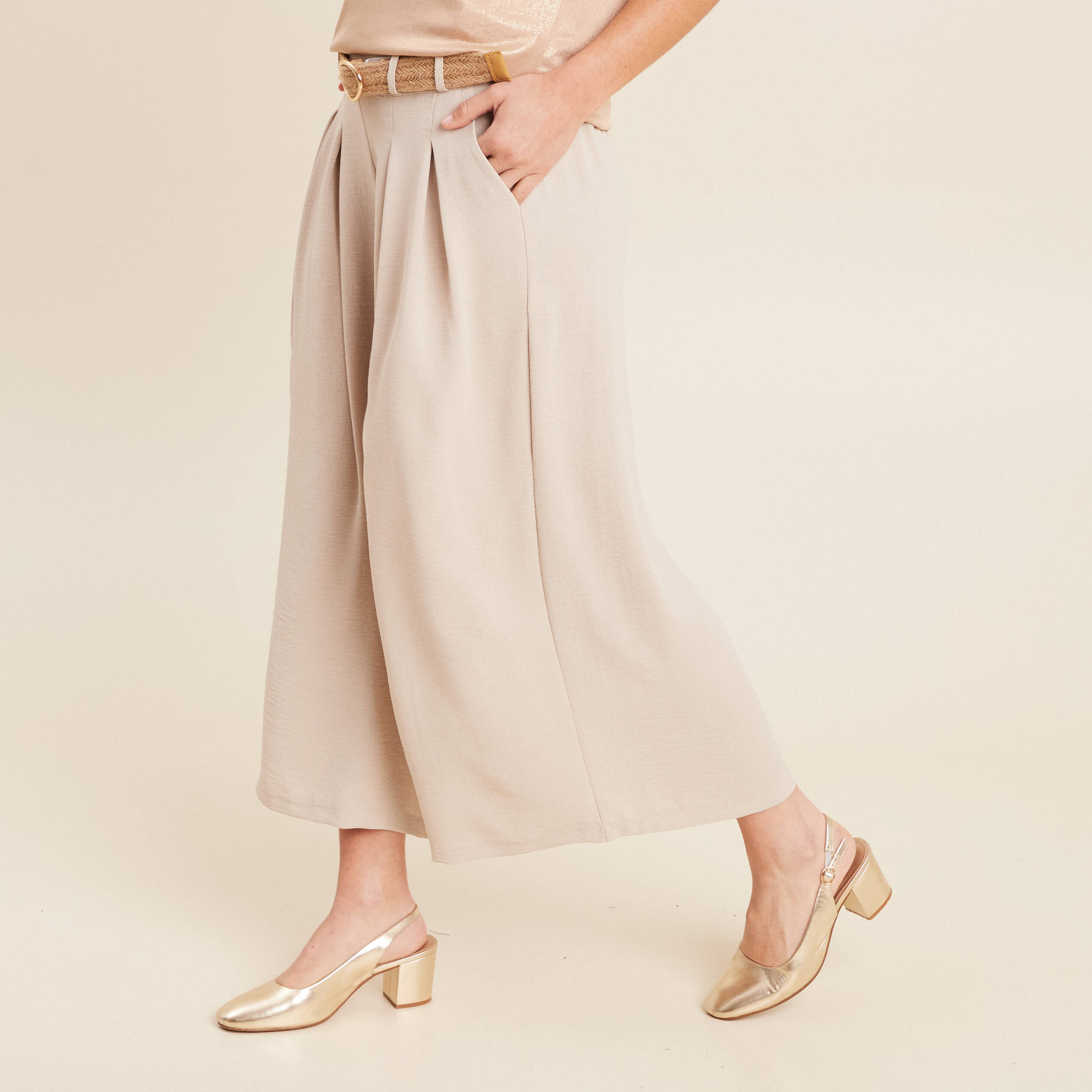 Pantalon jupe-culotte large gris clair femme