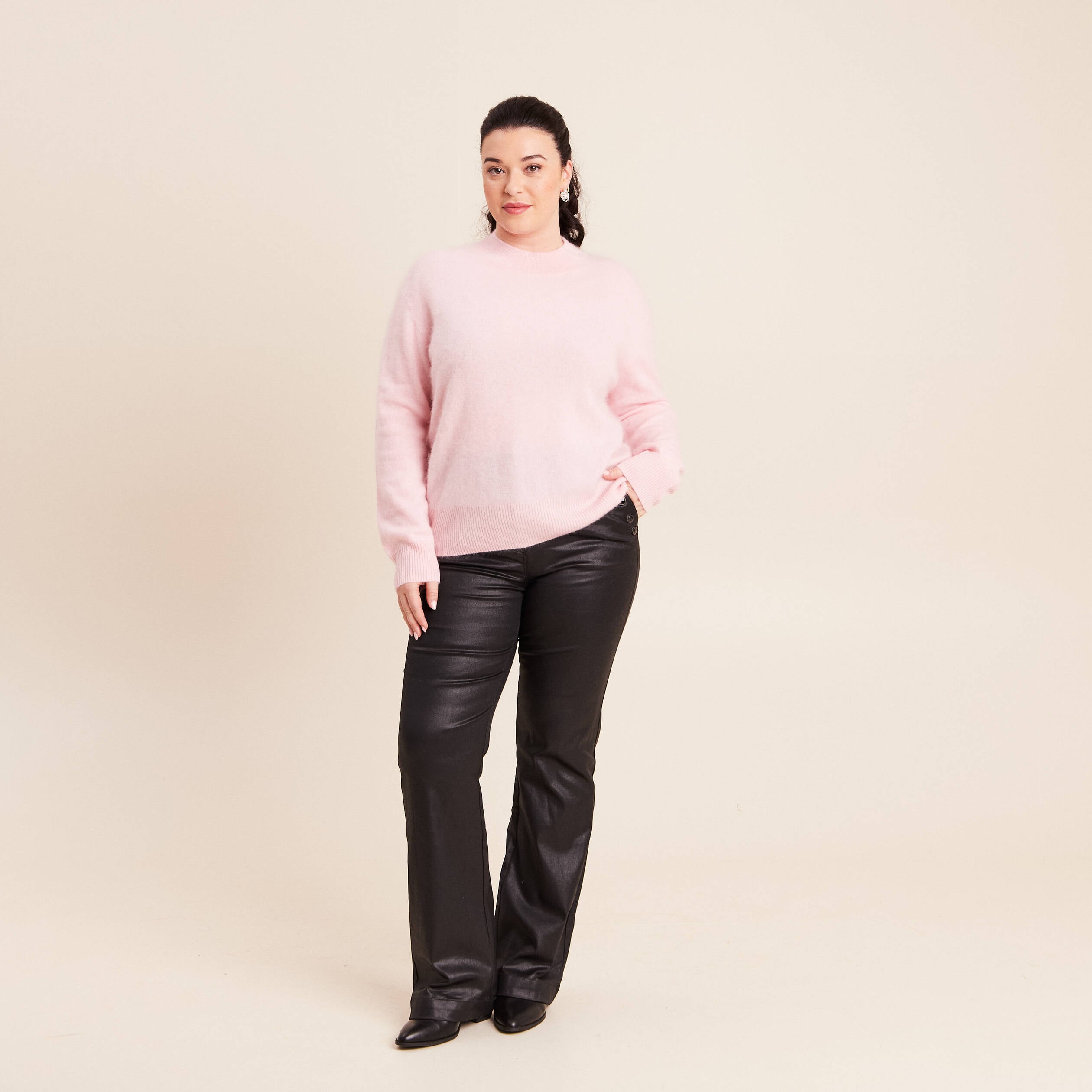 Pantalon bootcut enduit taille haute noir femme