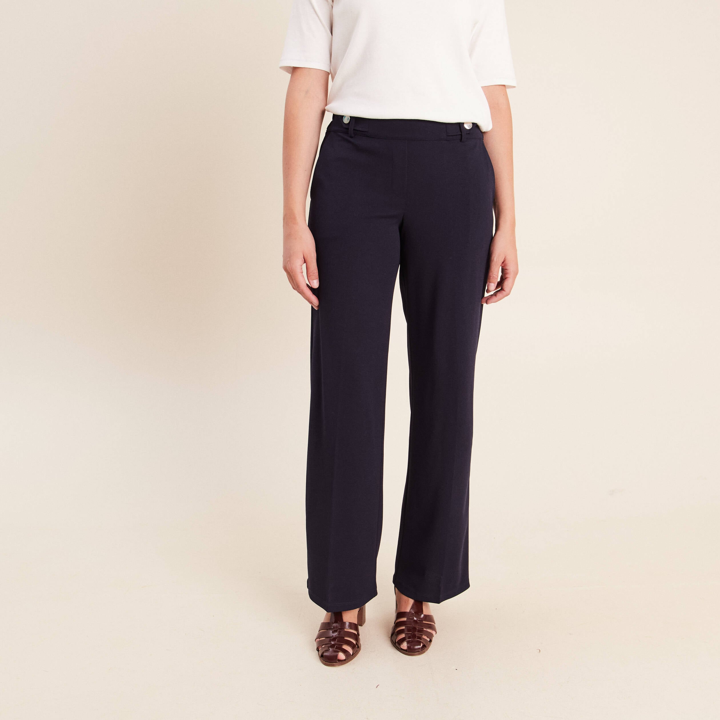 Pantalon taille haute bleu fonc&eacute; femme