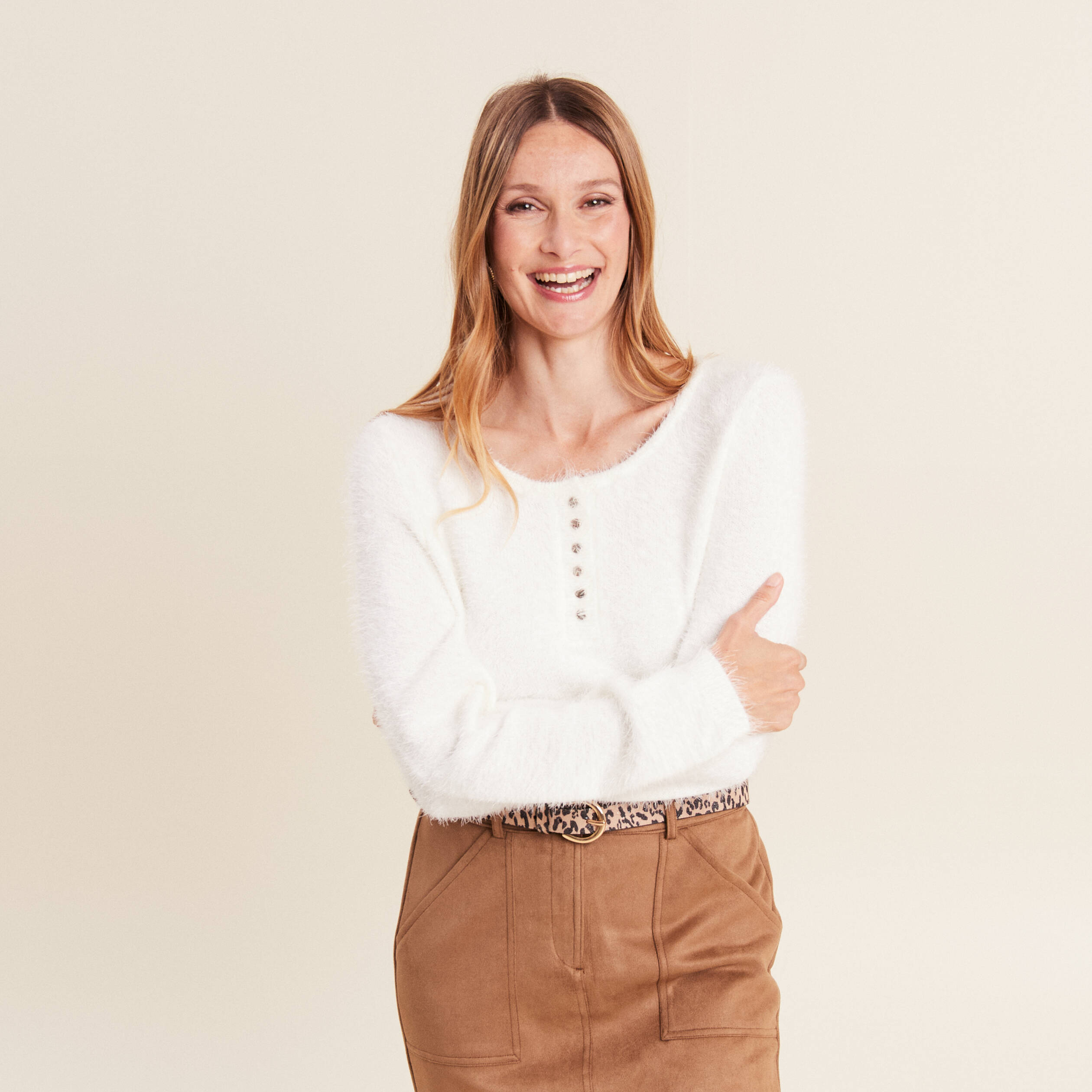 Pull manches longues ecru femme