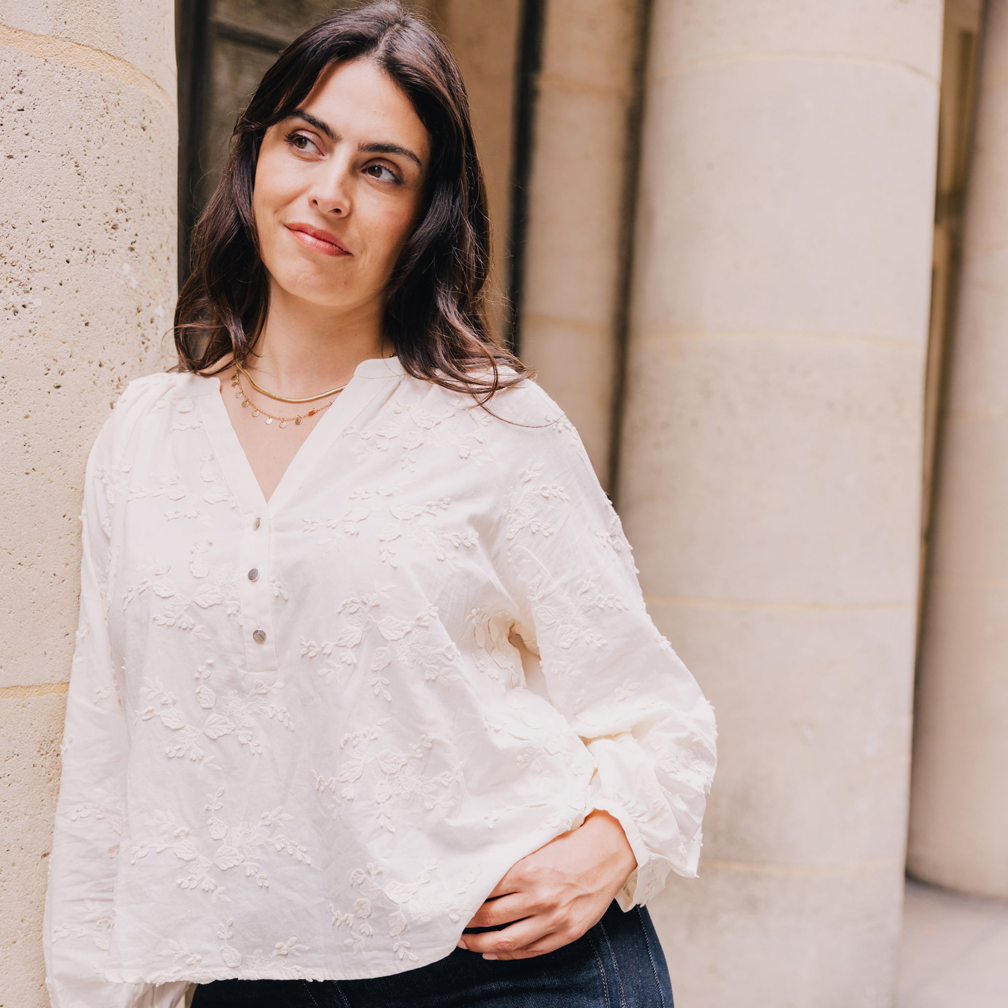 Blouse ample manches longues fluide ecru femme