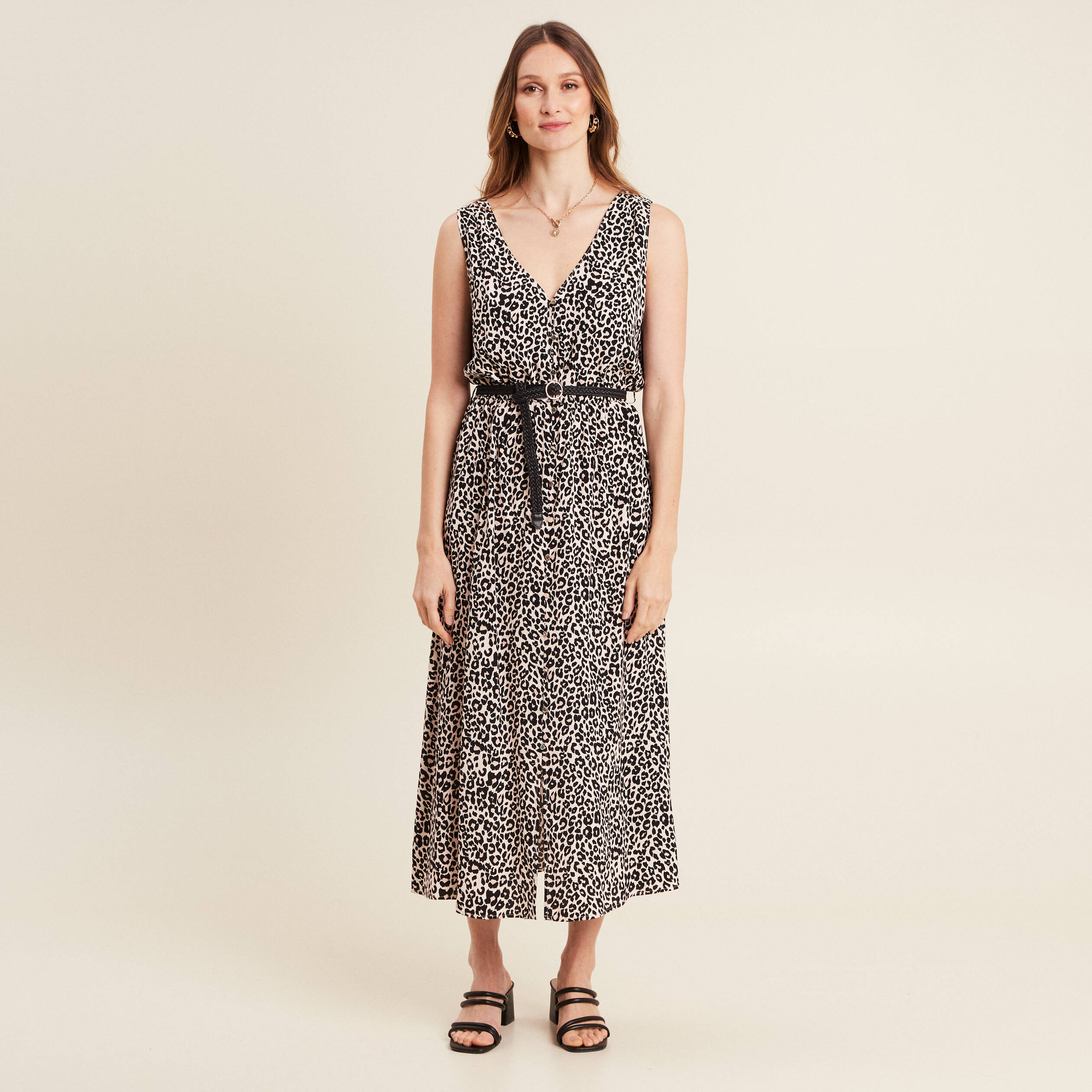Robe midi évasée ceinturée rose pastel femme