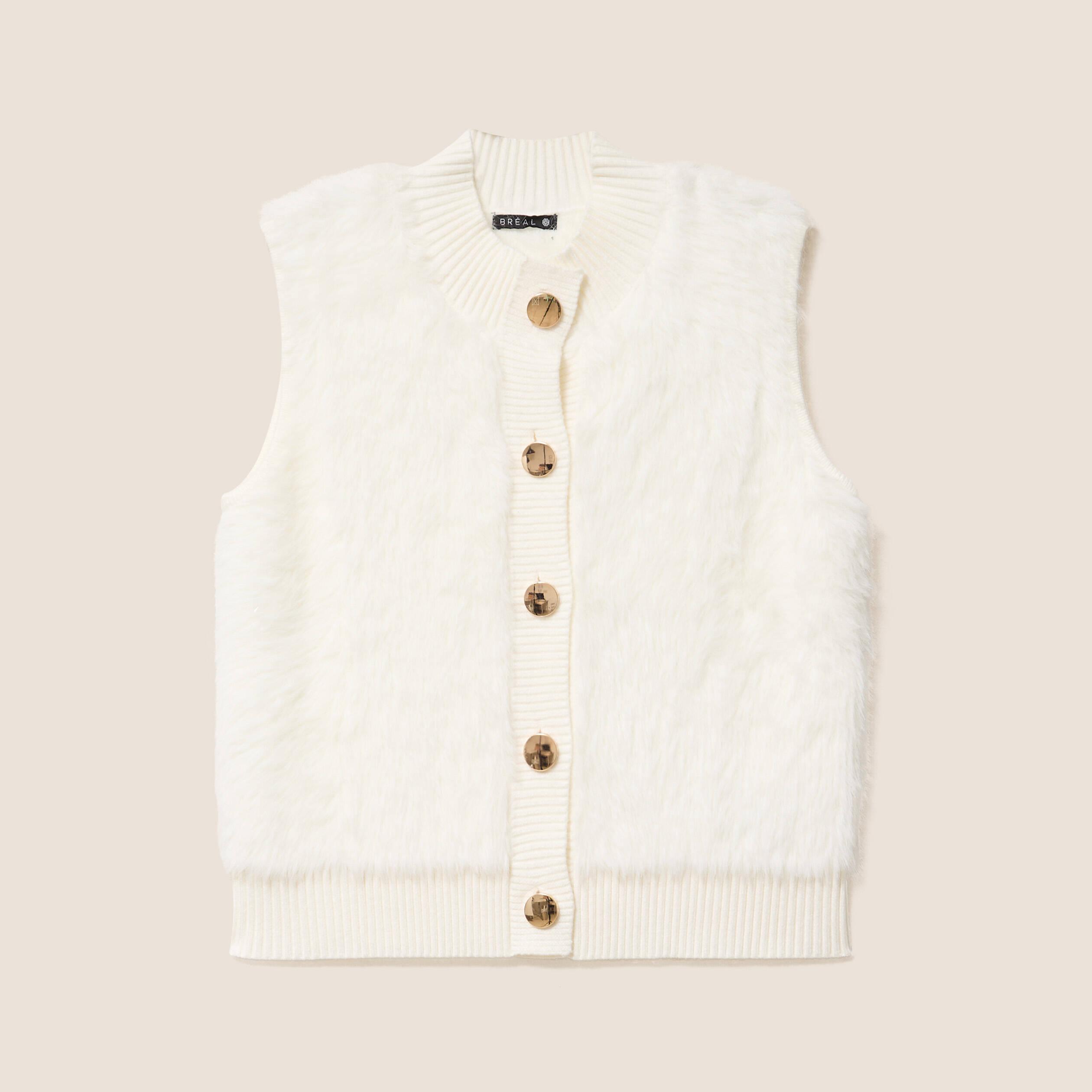 Gilet sans manches duveteux ecru femme