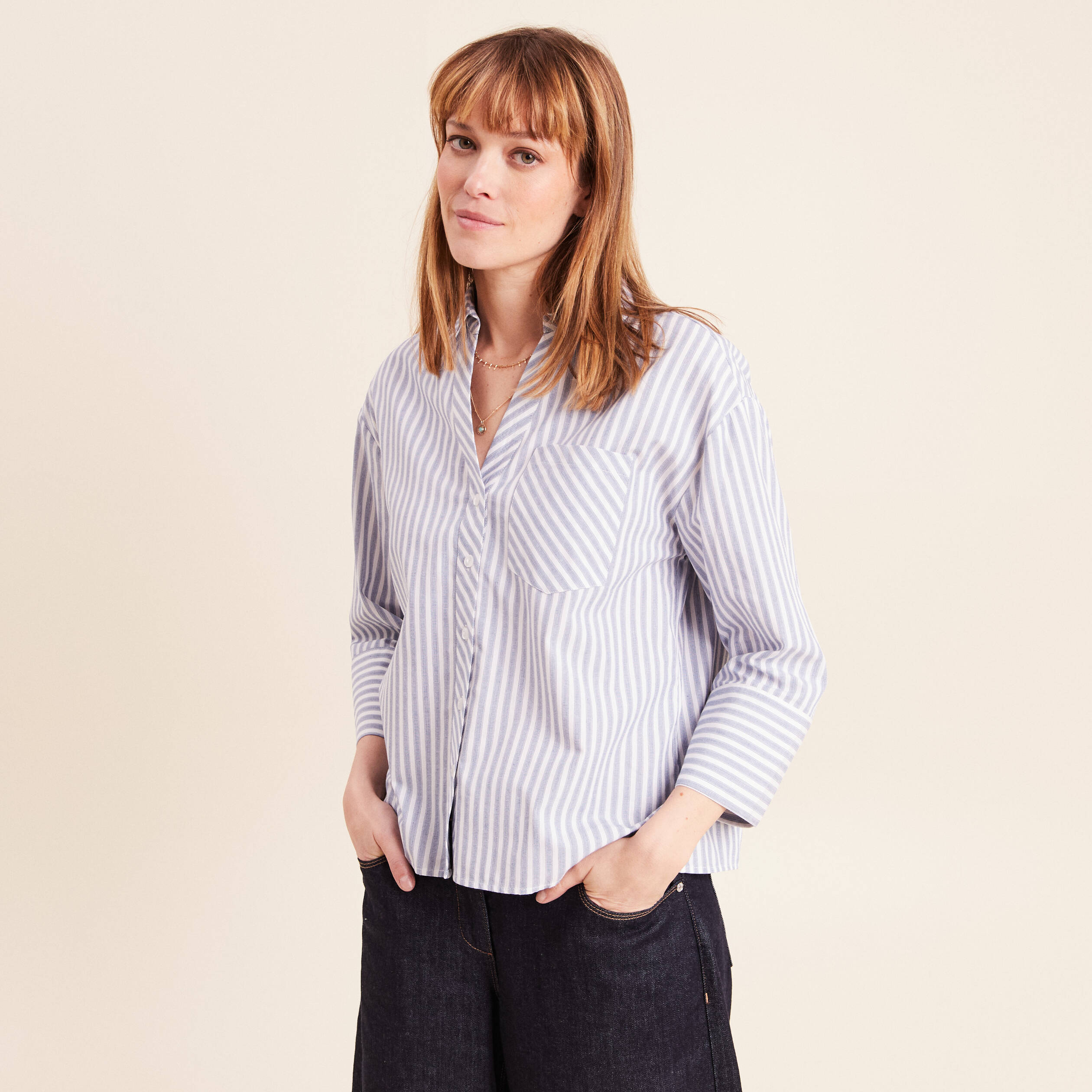 Chemise manches 3/4 bleu femme