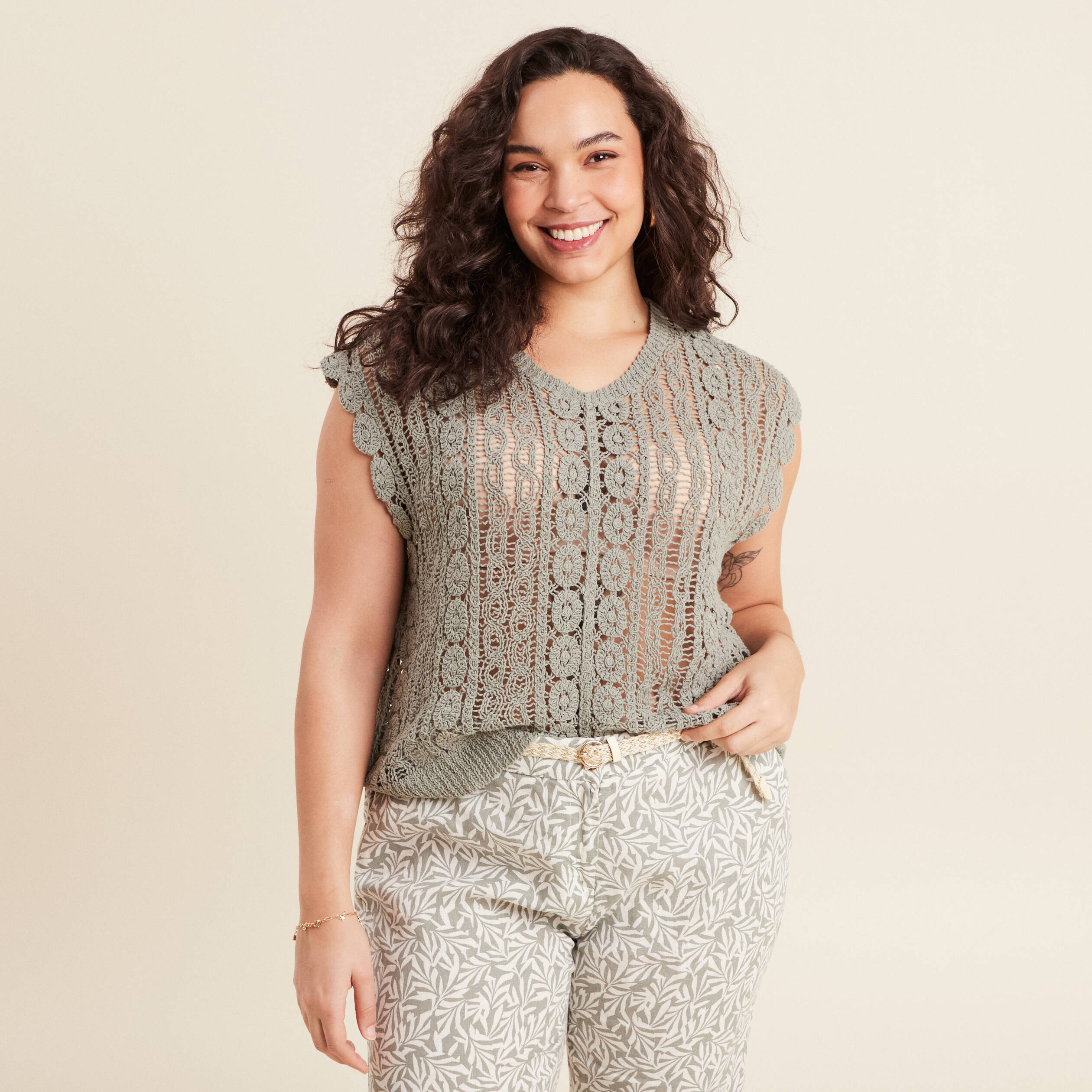 Débardeur macramé vert clair femme