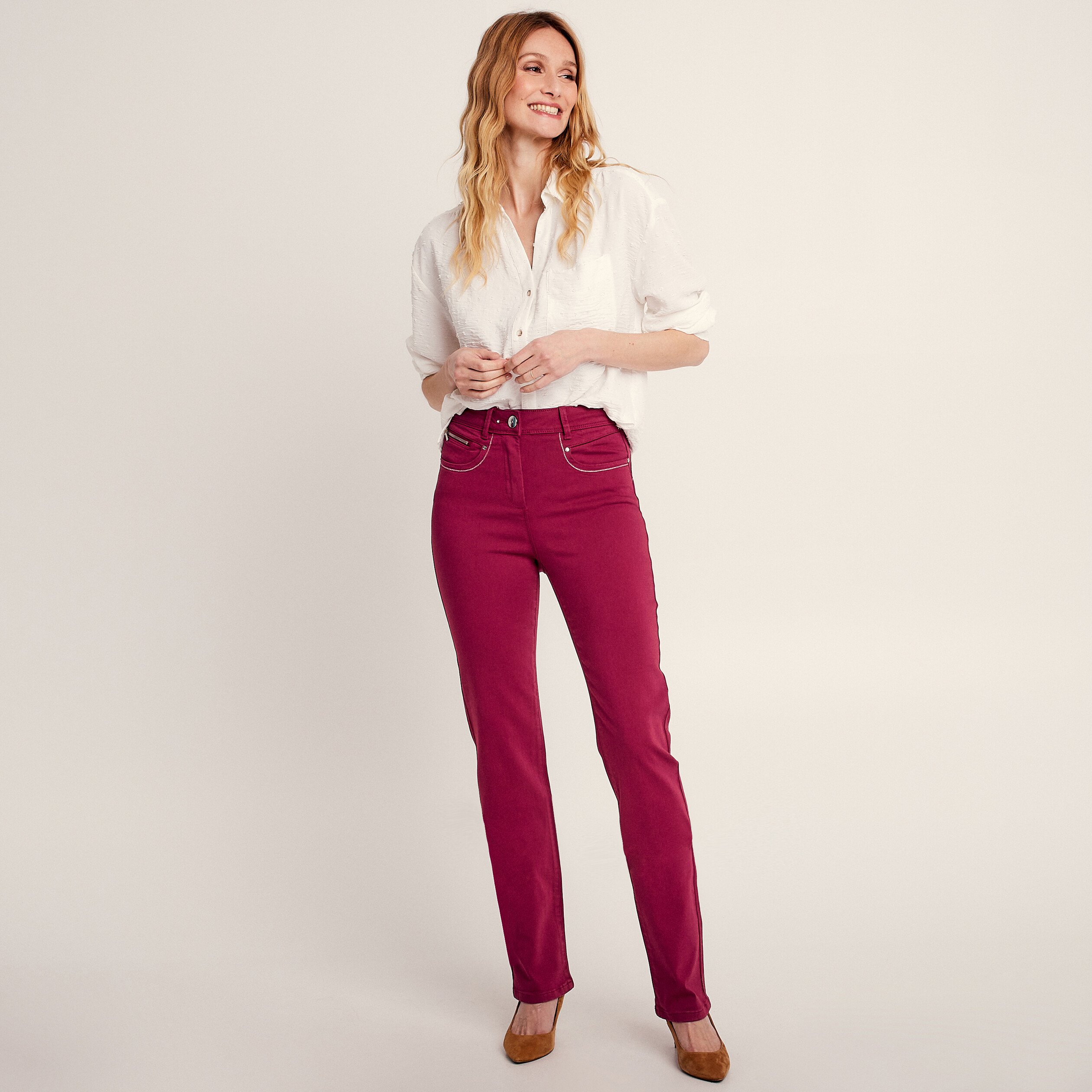 Pantalon évasé taille haute rouge foncé femme