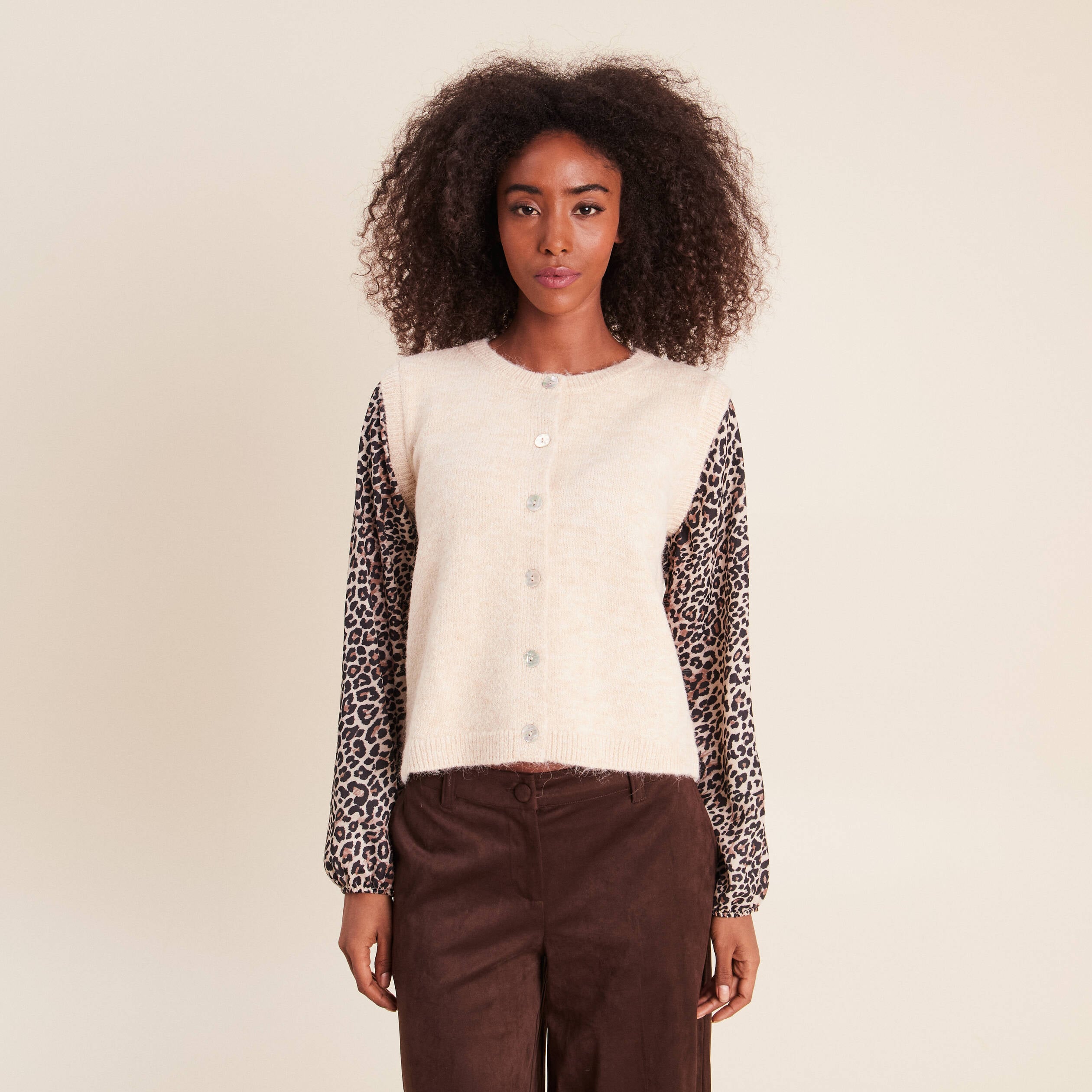 Pull col rond beige femme