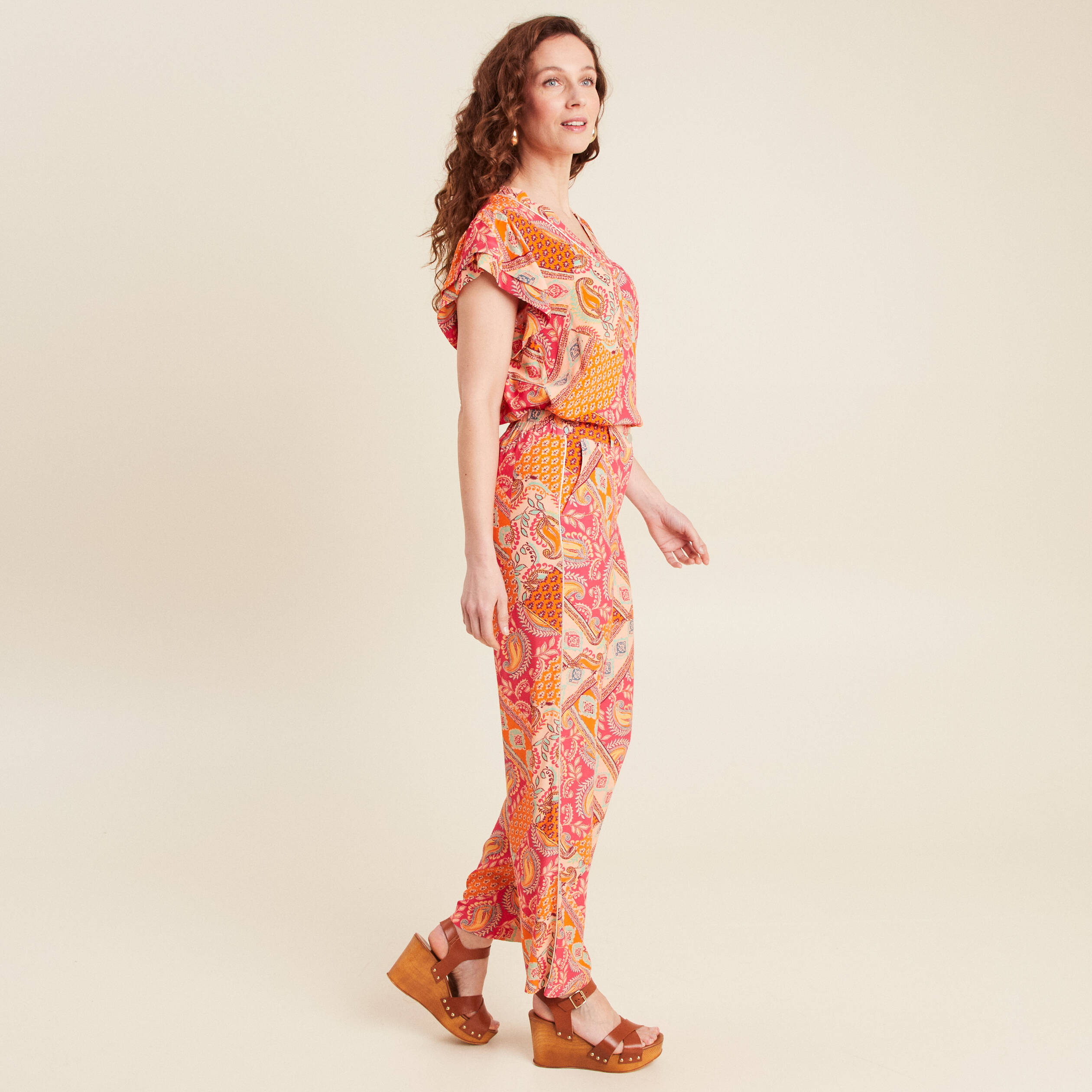 Pantalon large taille haute orange femme