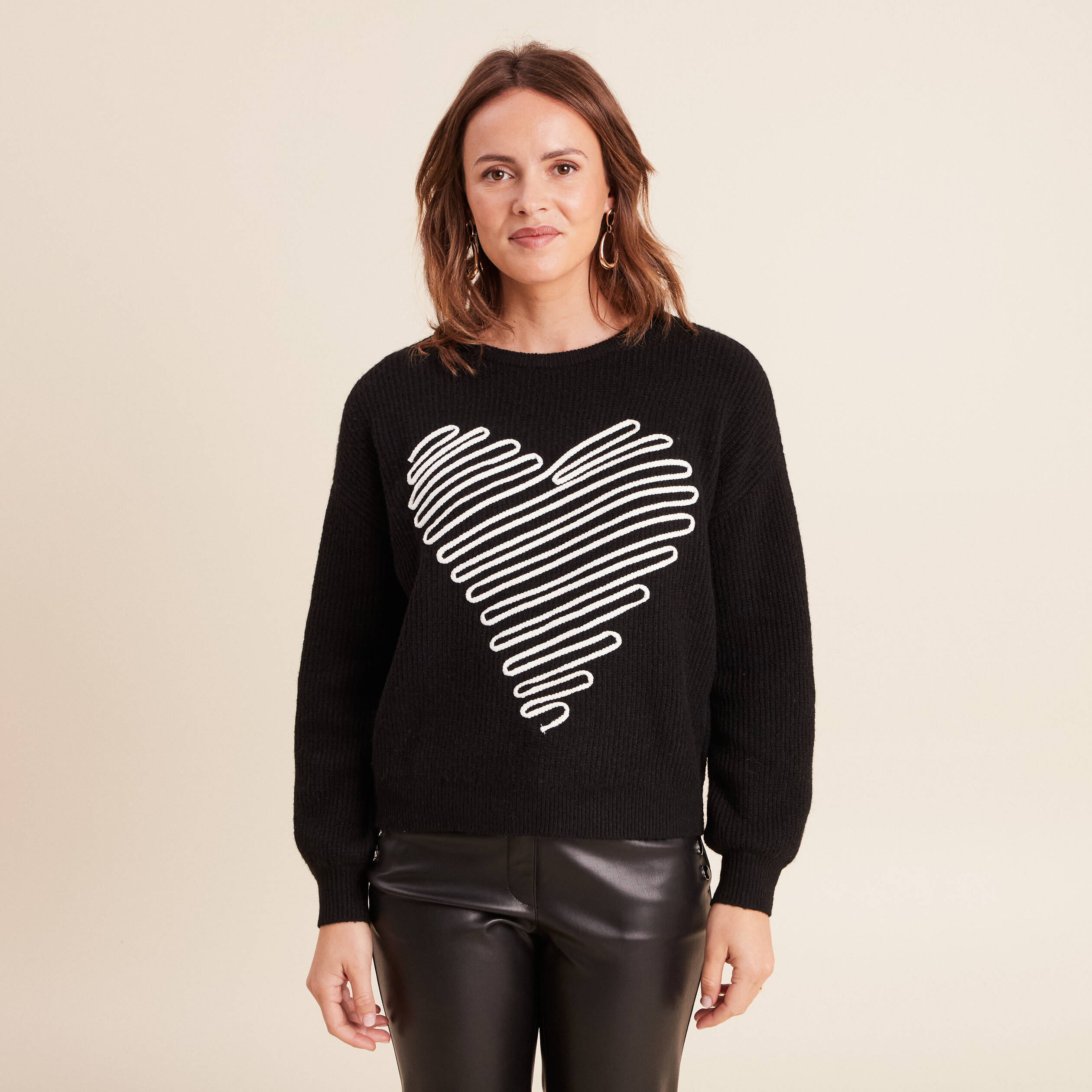 Pull col rond manches longues noir femme