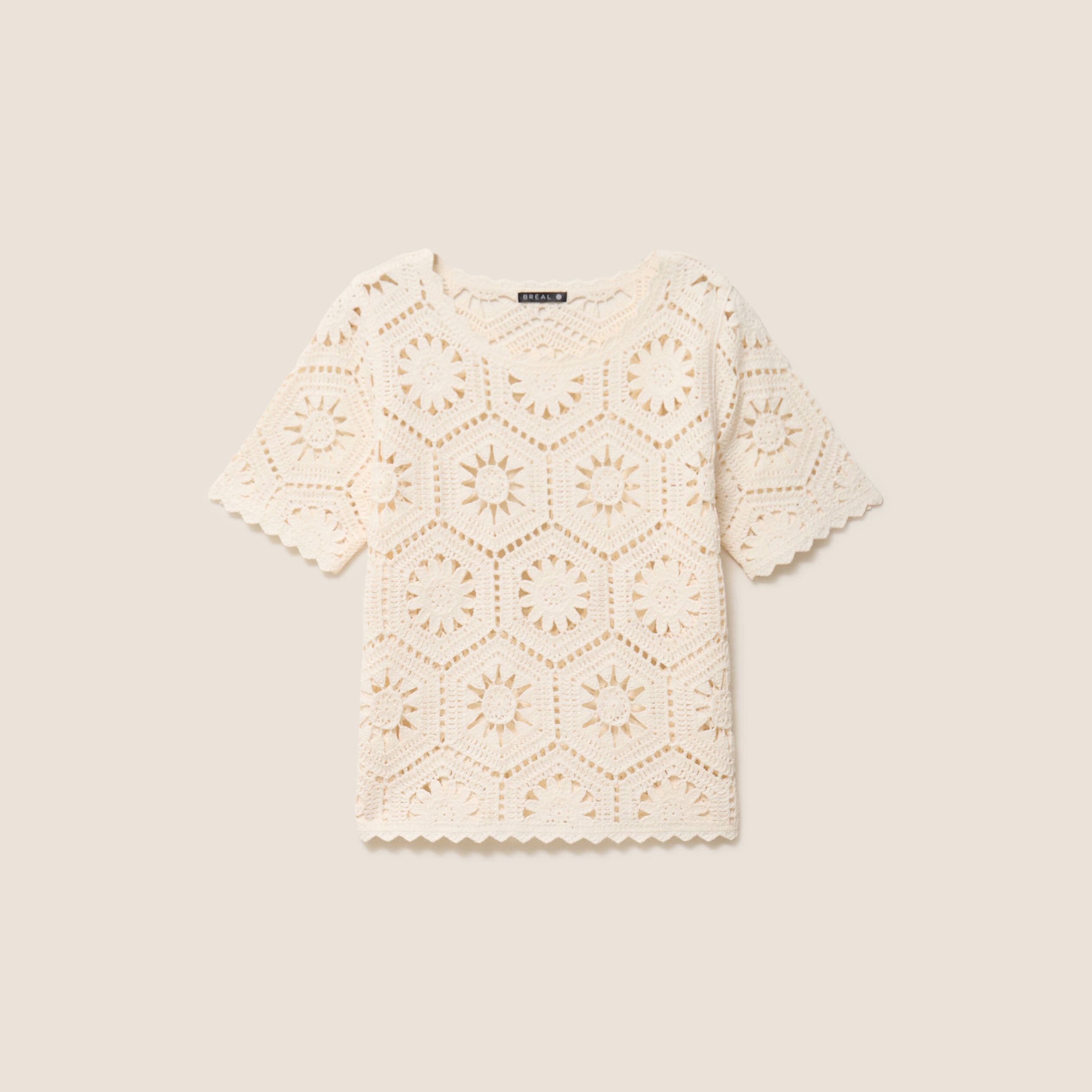 Pull col rond manches courtes dentelle ecru femme