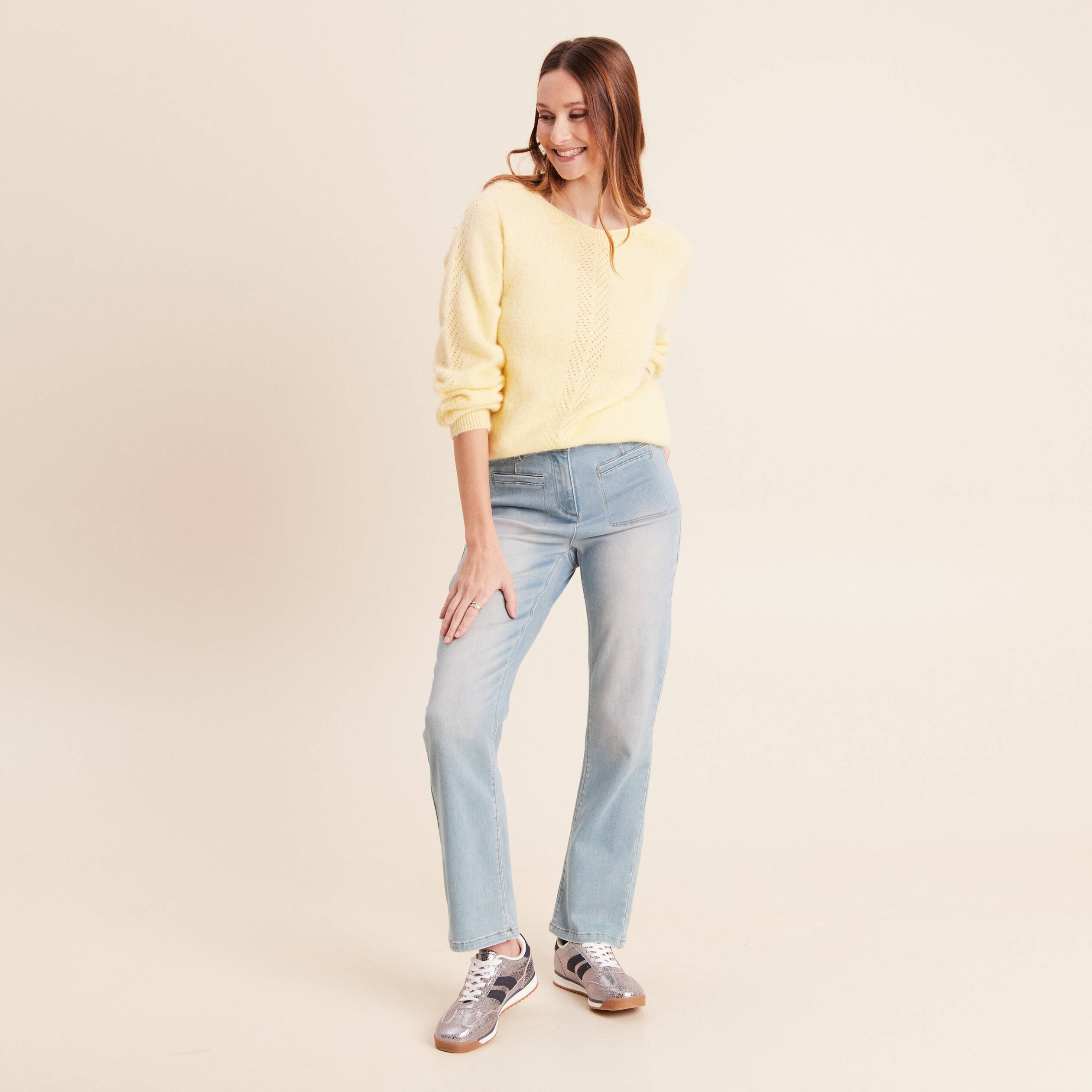 Pull confectionn&eacute; en France jaune pastel femme