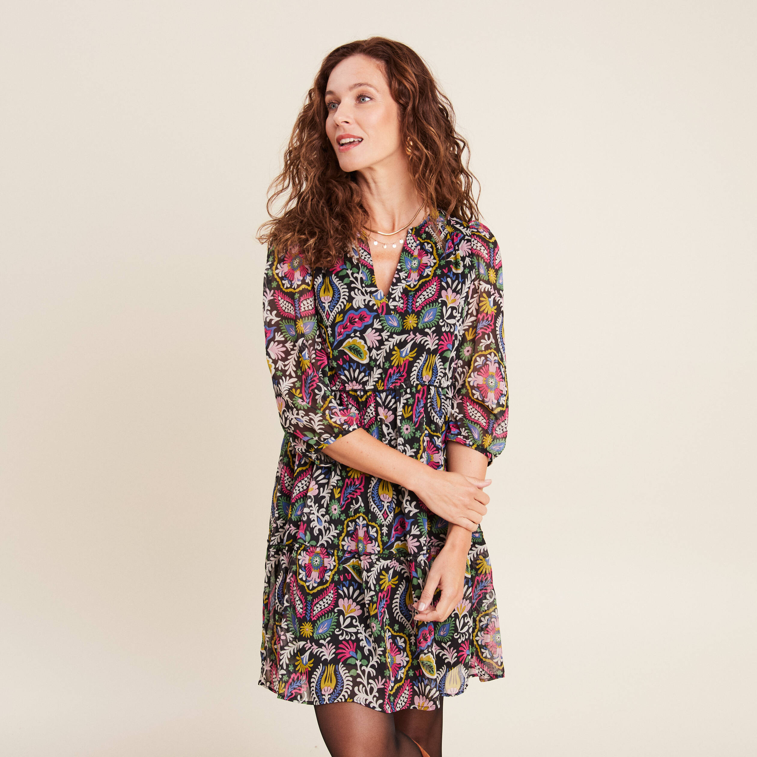 Robe évasée manches 3/4 noir femme