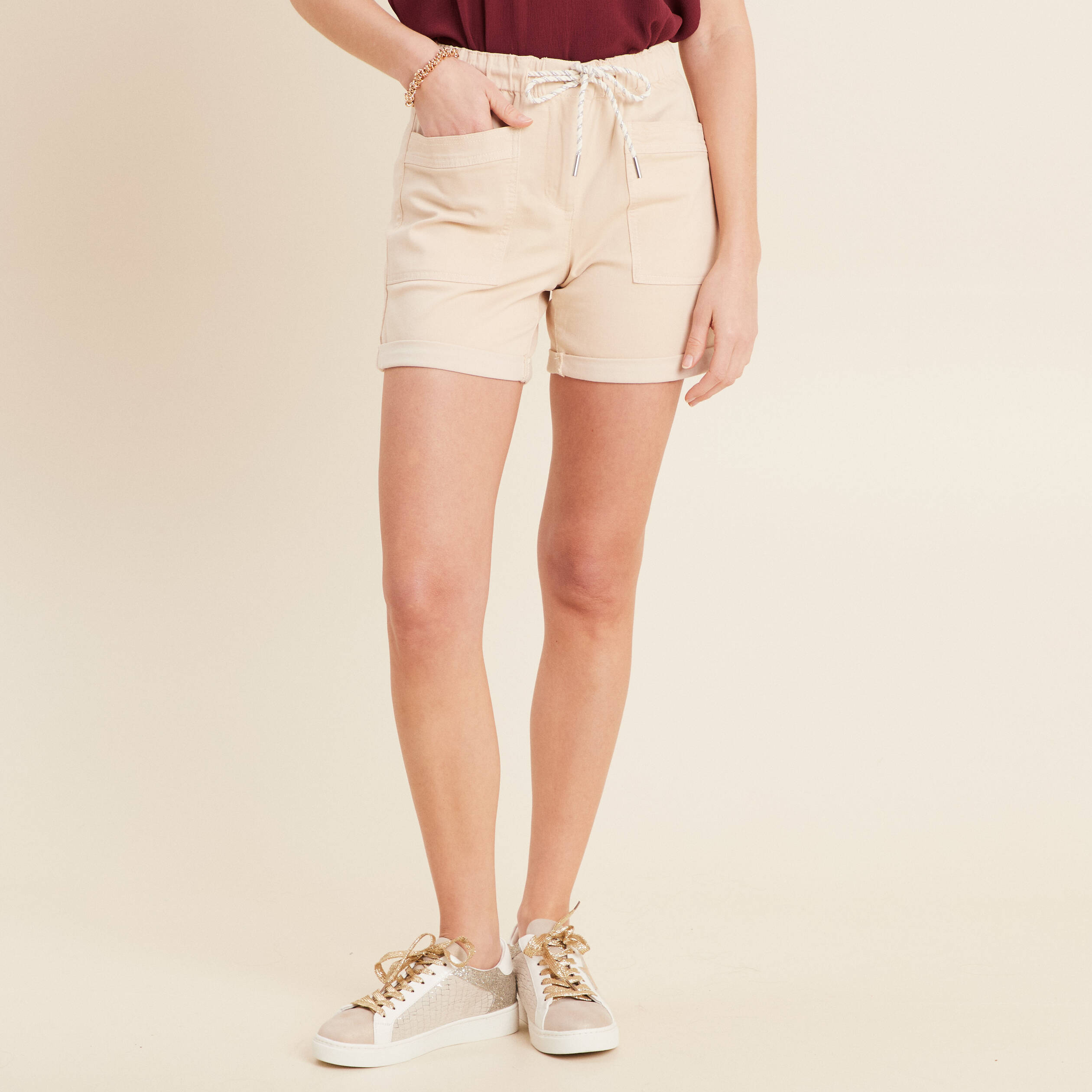 short droit taille elastiquee ivoire femme Short droit taille élastiquée ivoire femme