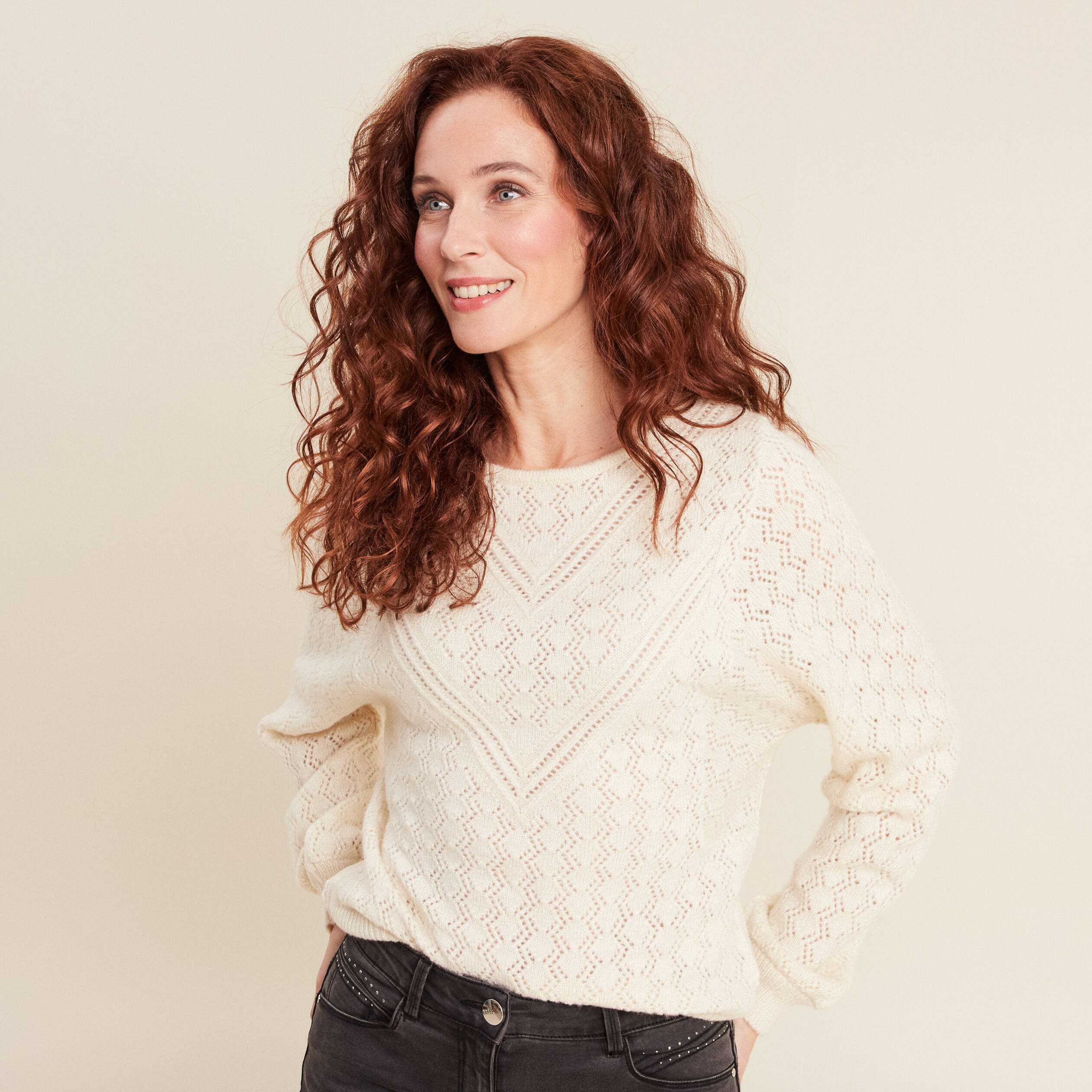 Pull manches longues ajouré sable femme