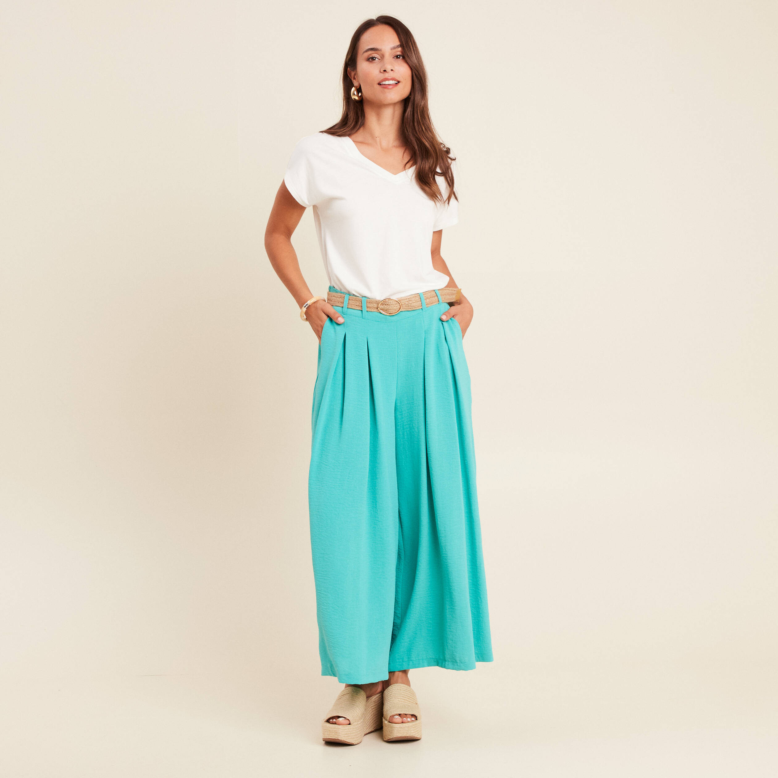 pantalon jupe culotte large vert turquoise femme Pantalon jupe-culotte large vert turquoise femme
