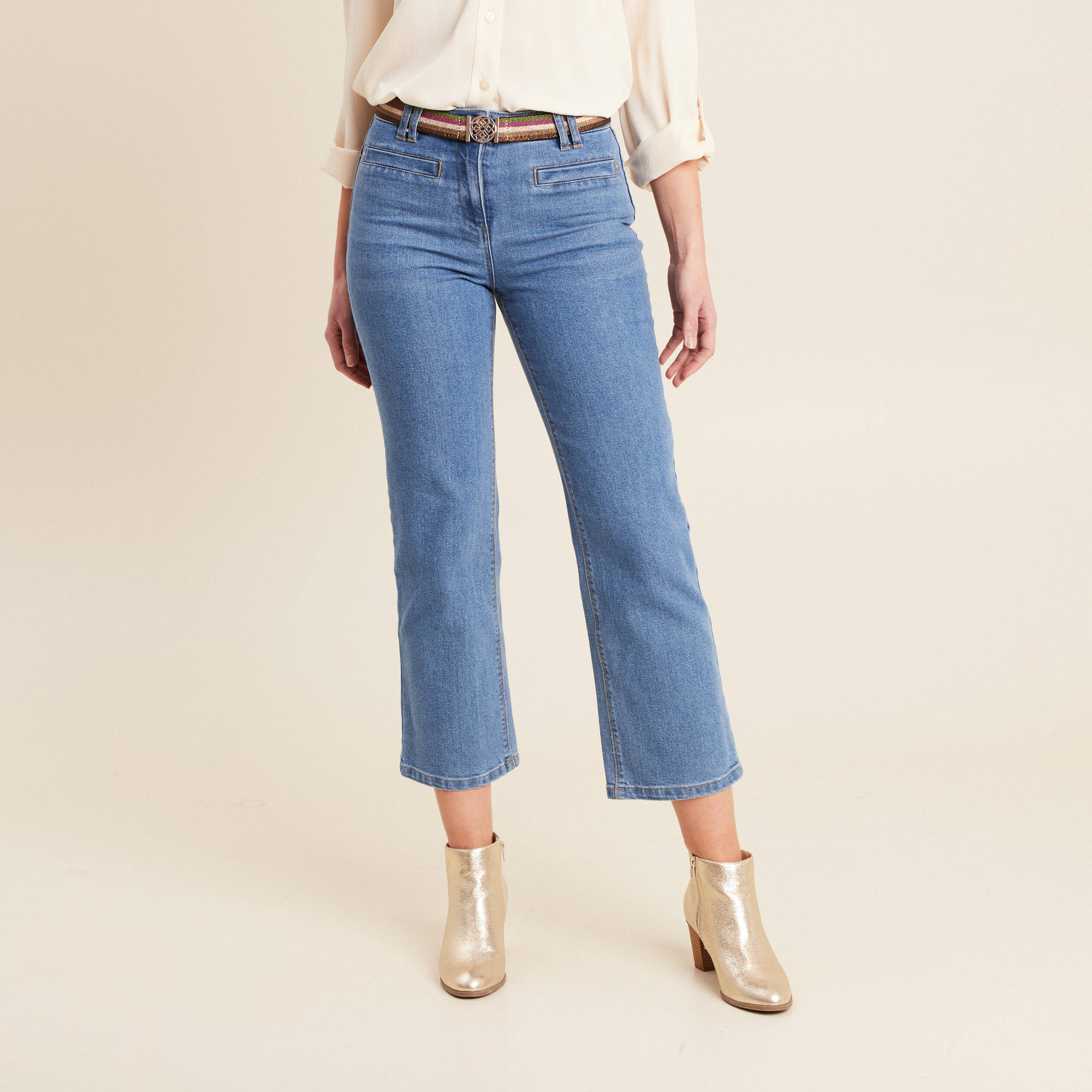 Jean large ceinturé denim double stone femme
