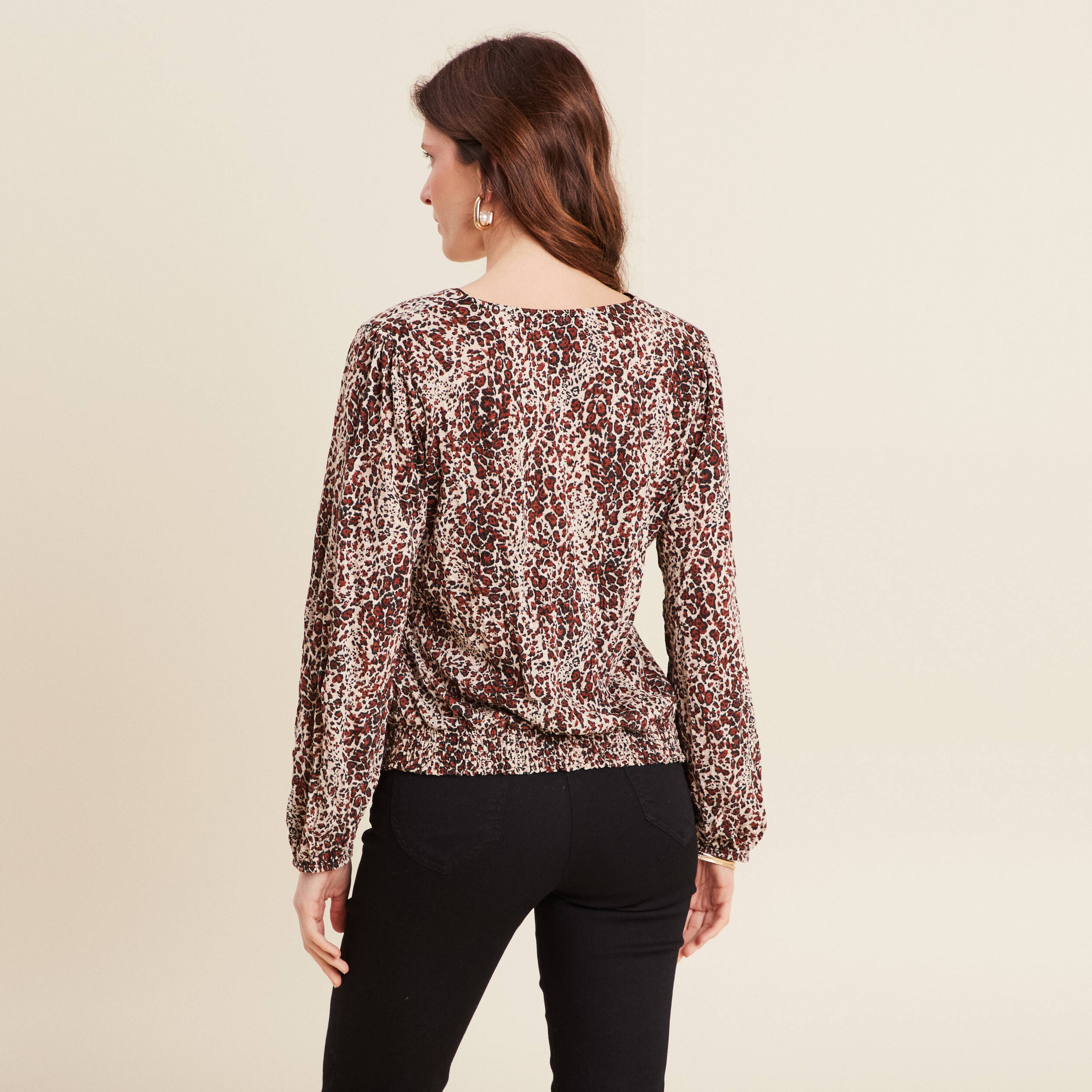 Blouse droite manches longues marron cognac femme