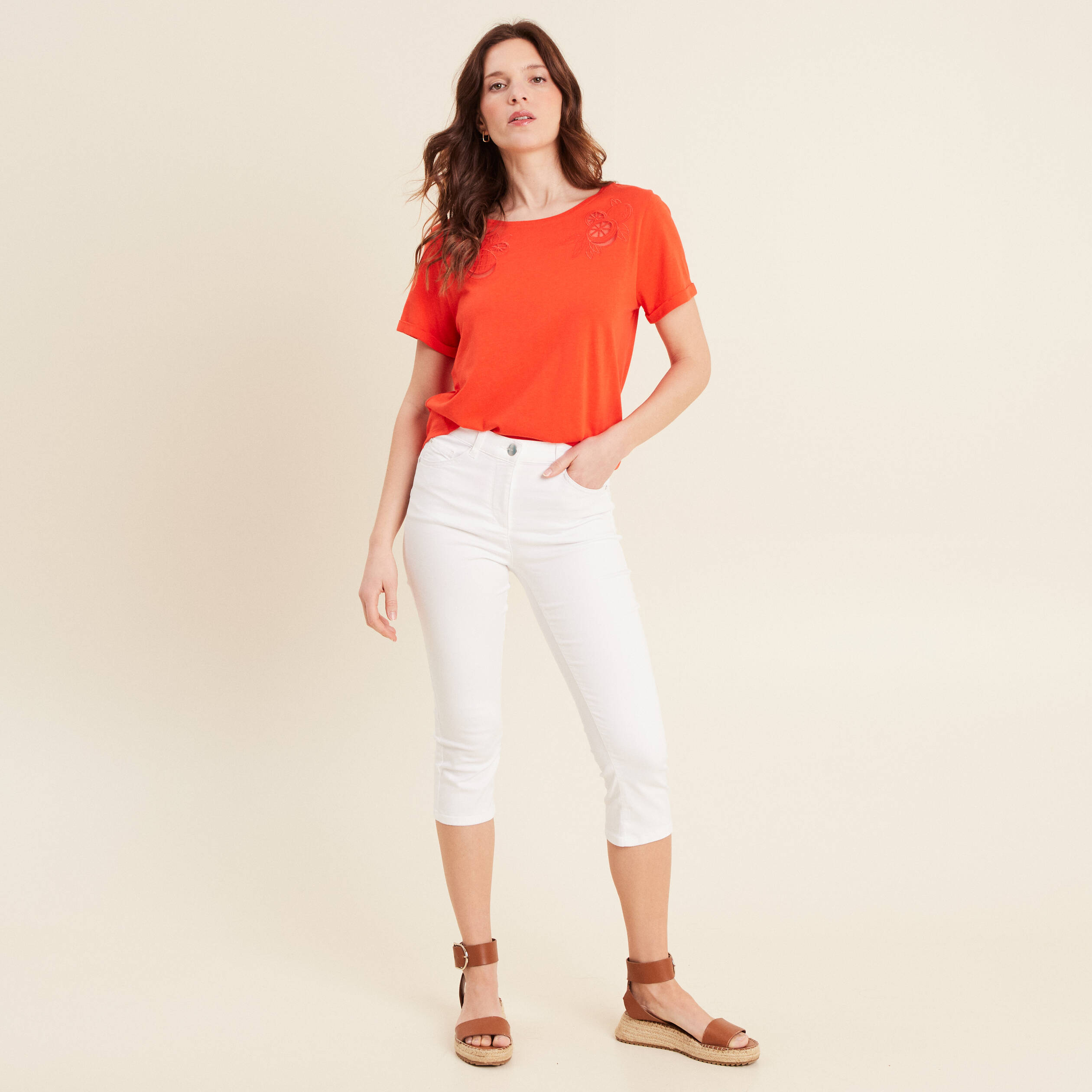 T-shirt manches courtes brodé orange foncé femme