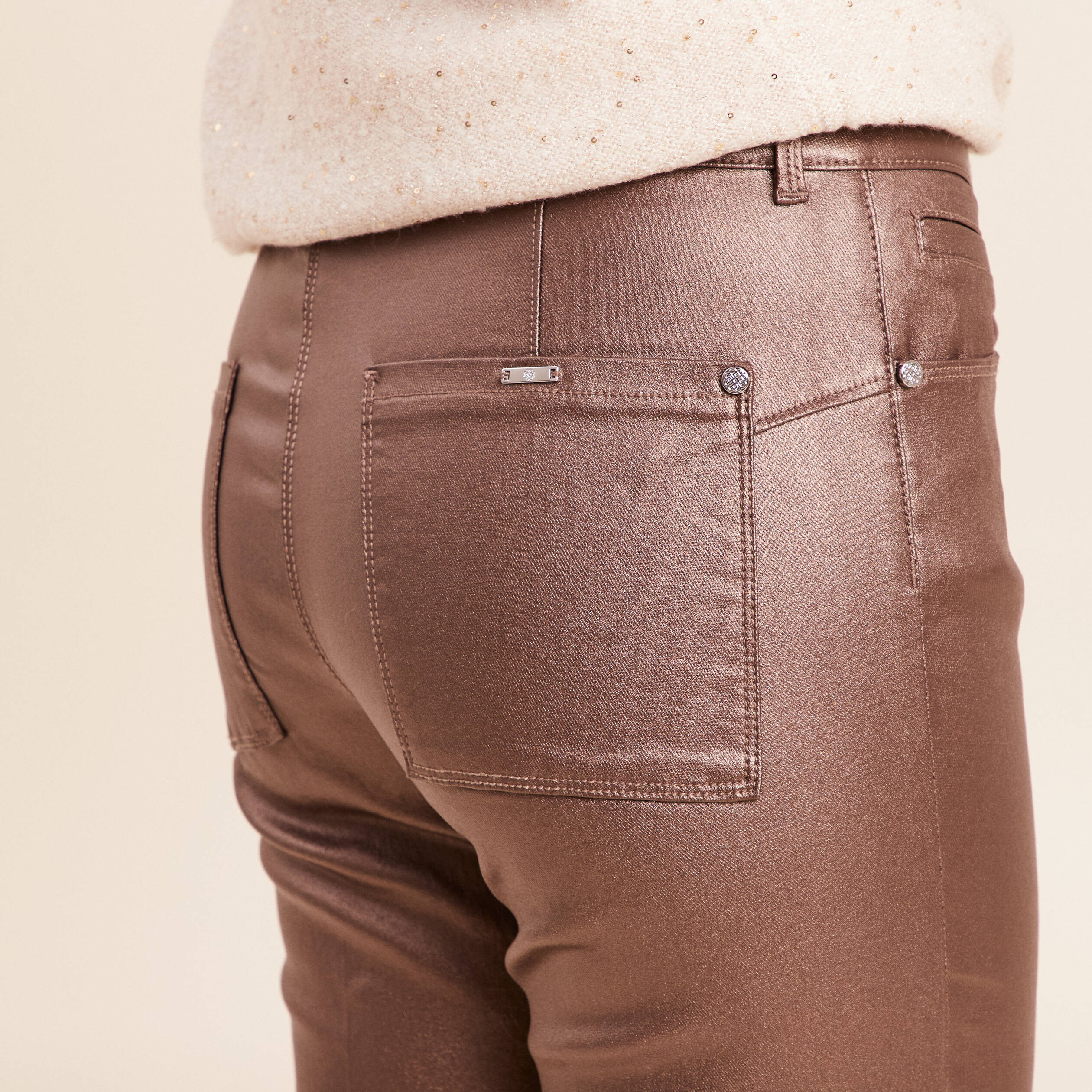 Pantalon enduit coupe large marron fonc&eacute; femme