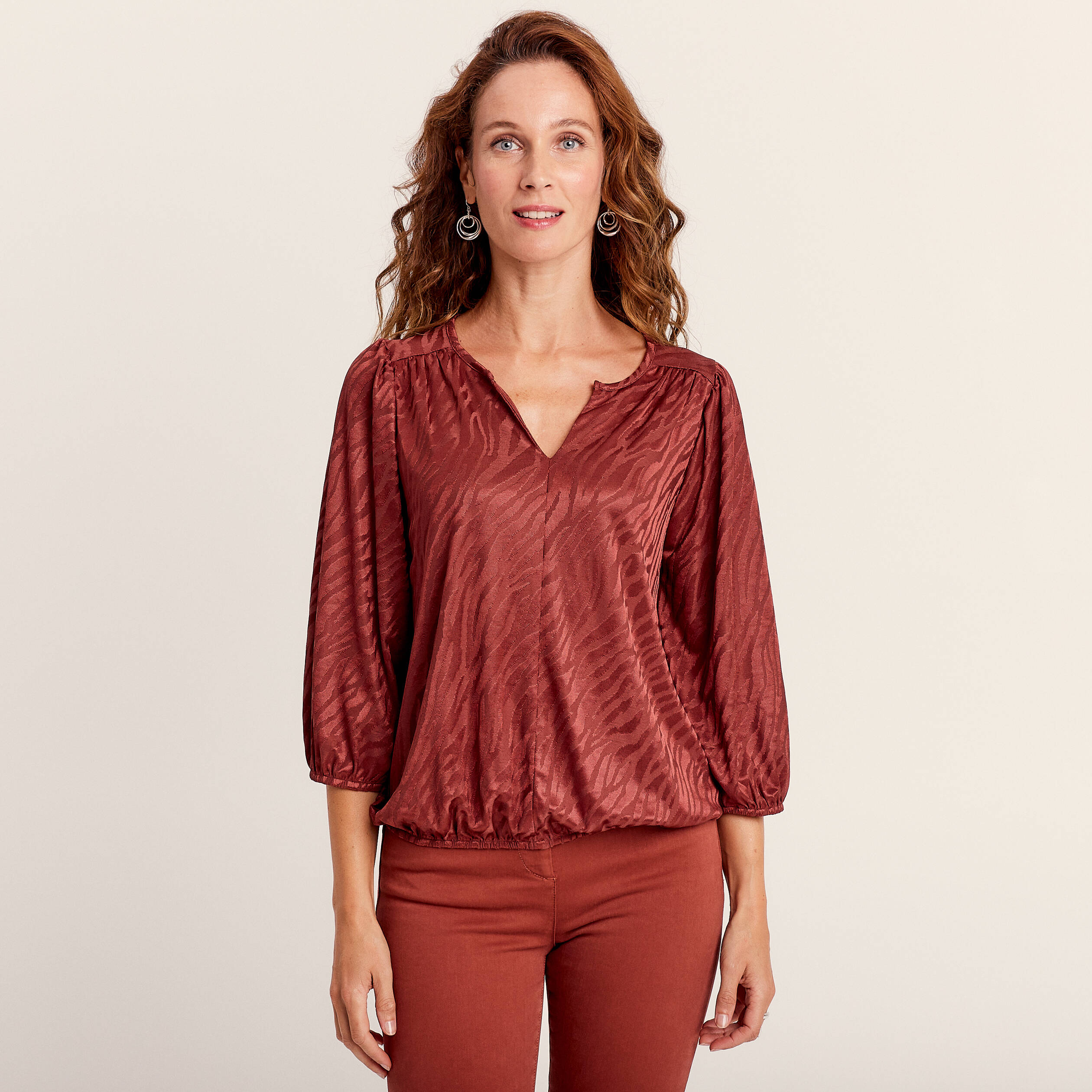 T-shirt manches 3/4 marron cognac femme