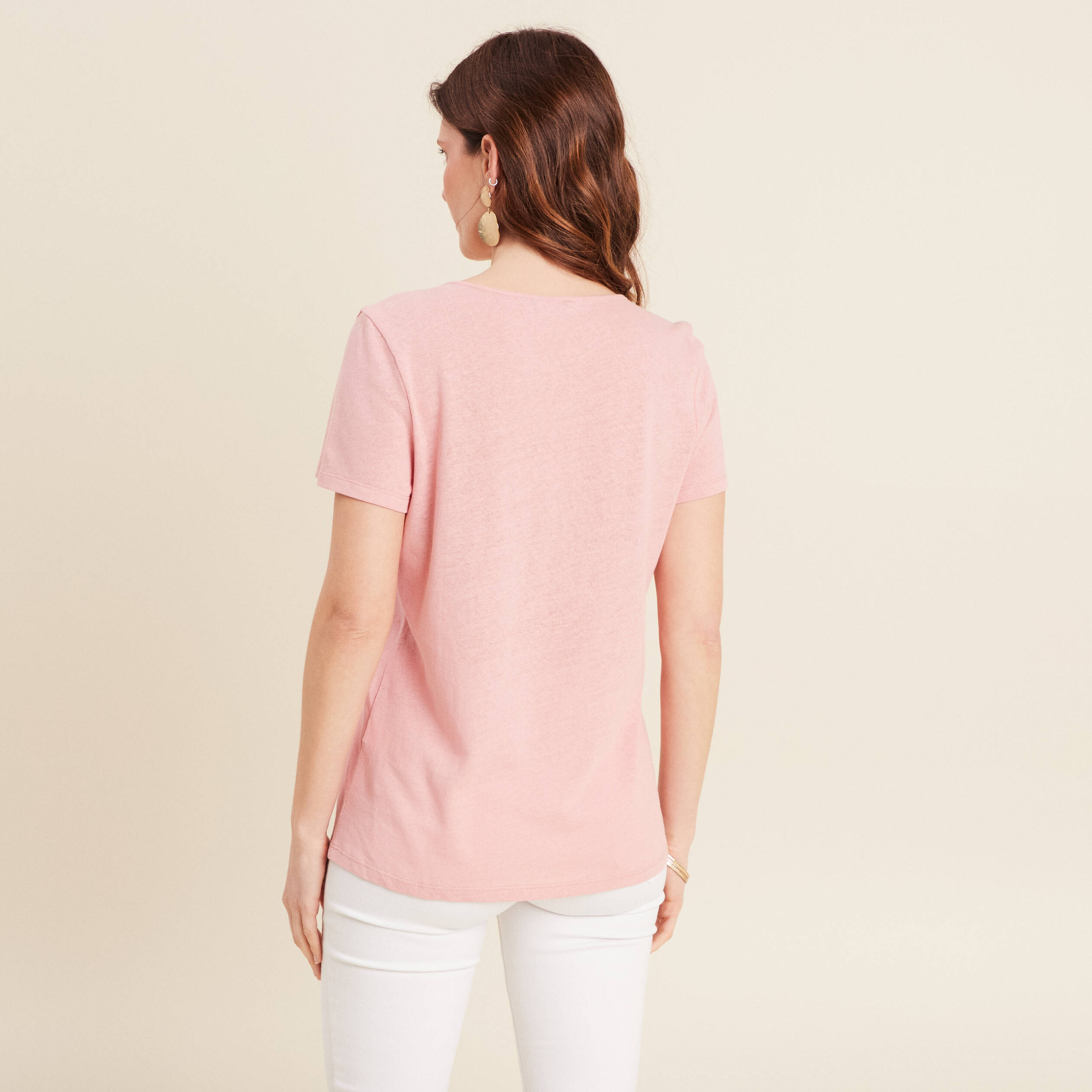 T-shirt manches courtes col en V vieux rose femme