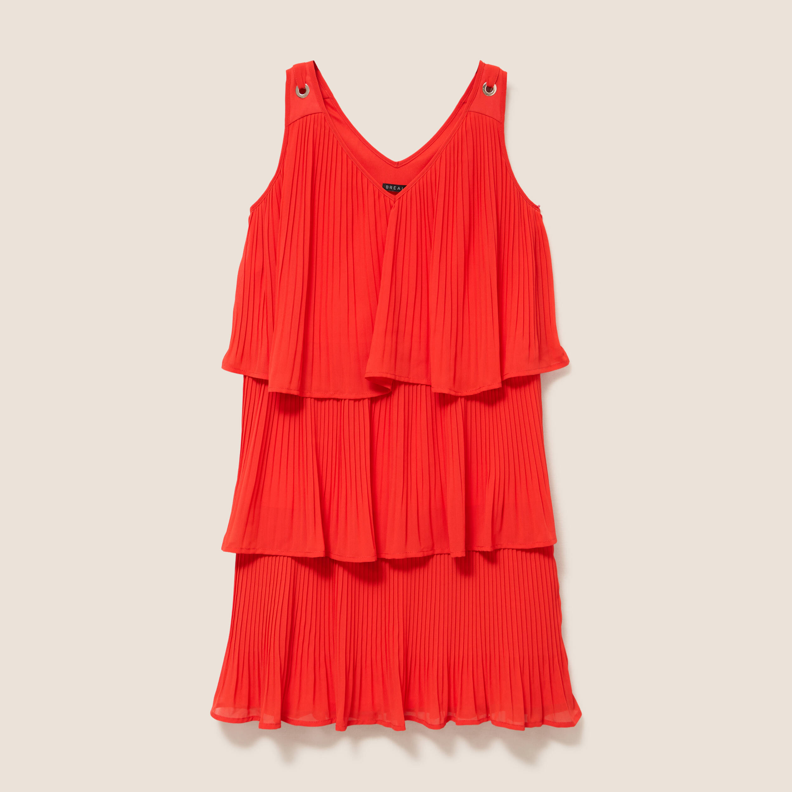 Robe pliss&eacute;e sans manches col v orange fonc&eacute; femme