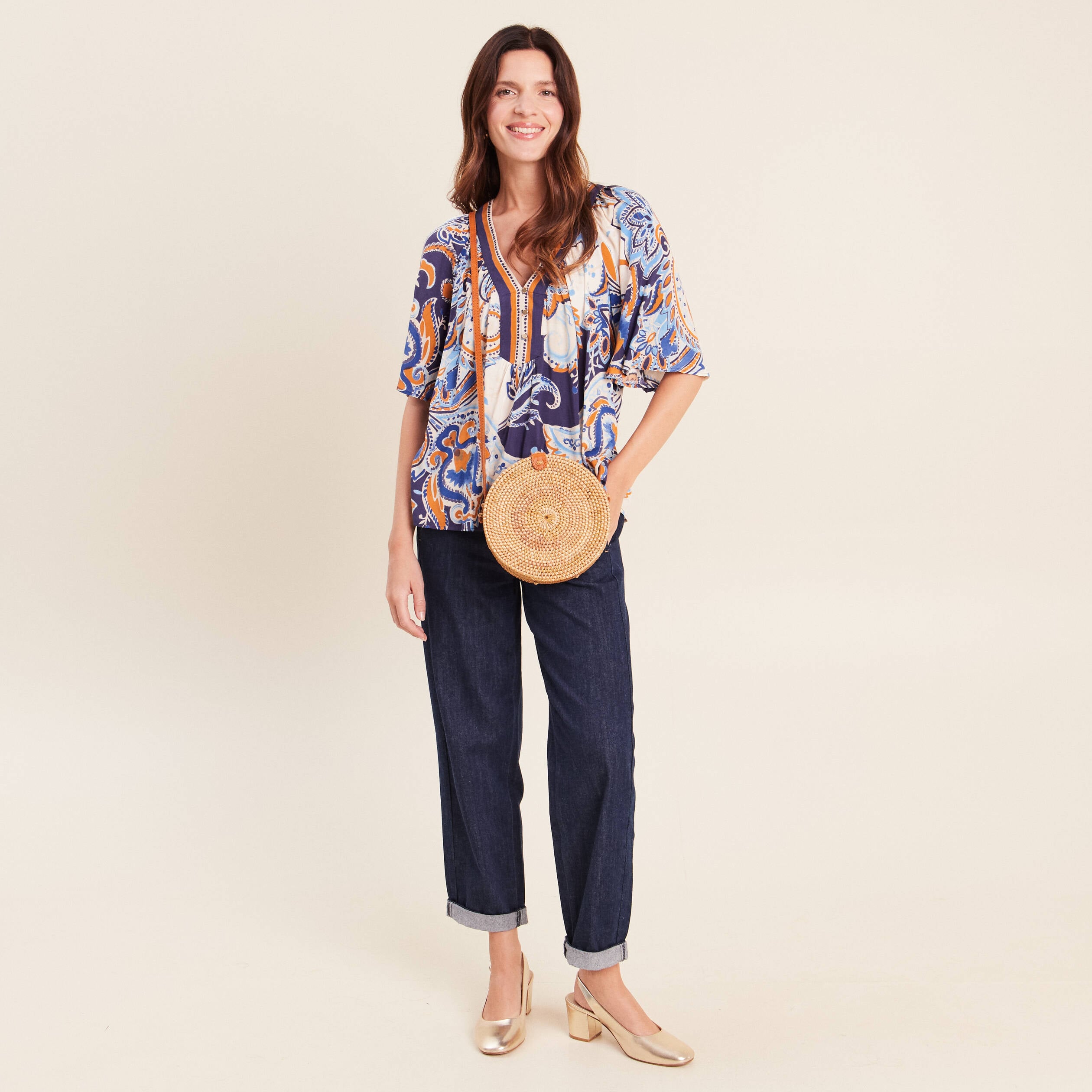 Blouse ample col v manches 3/4 bleu femme