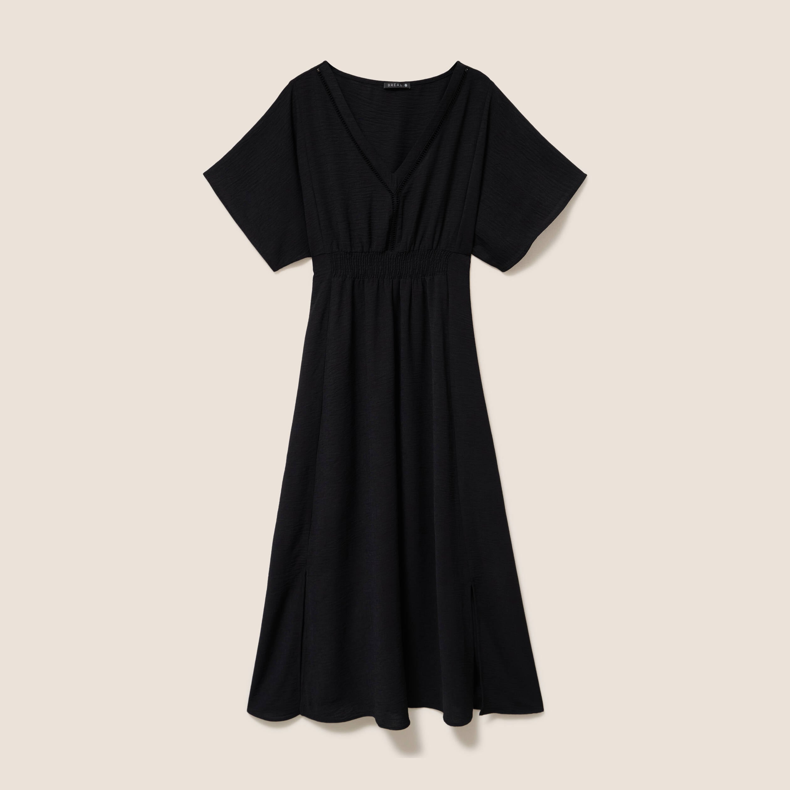 Robe longue &eacute;vas&eacute;e col v manches coudes noir femme