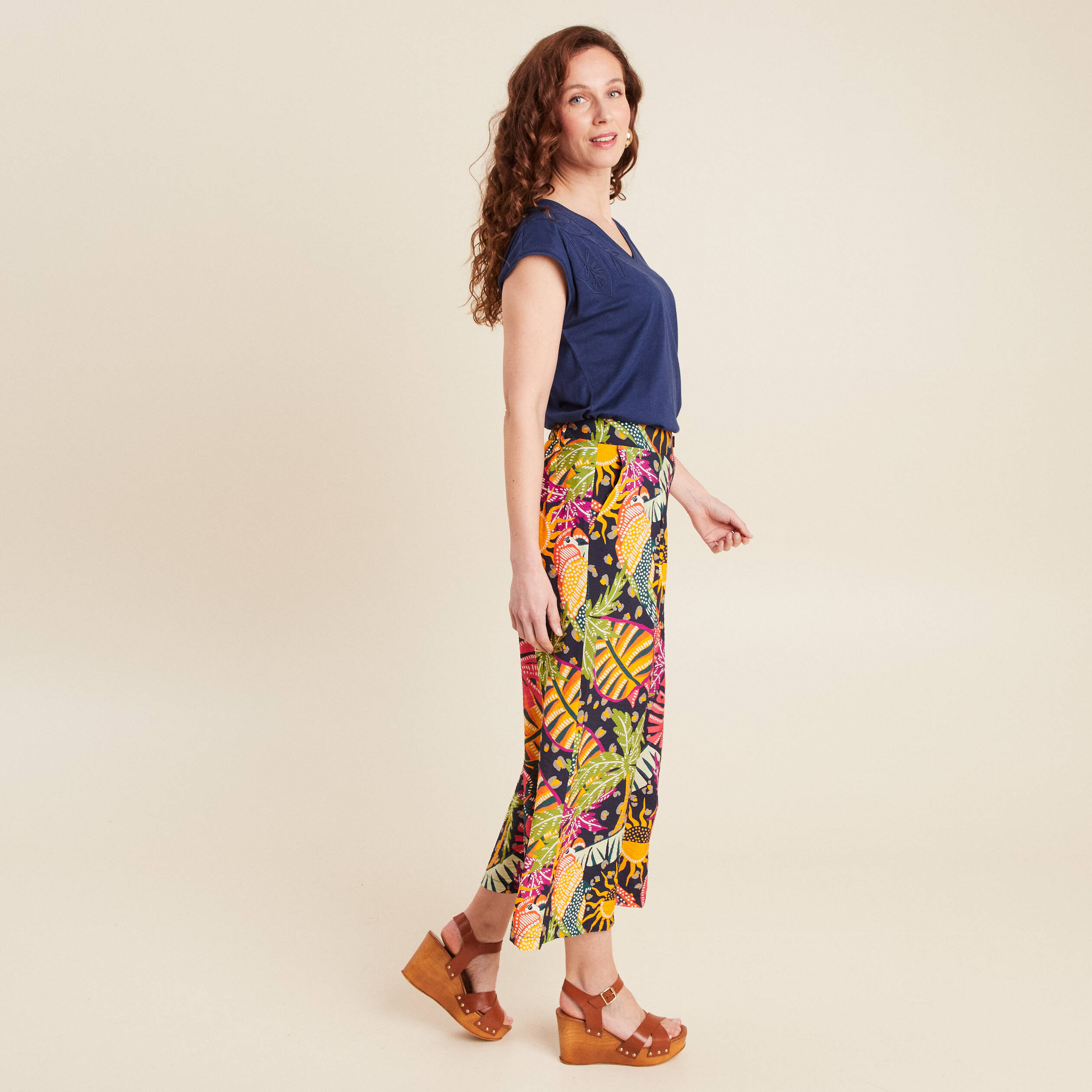 Pantalon flou large 7/8ème multicolore femme