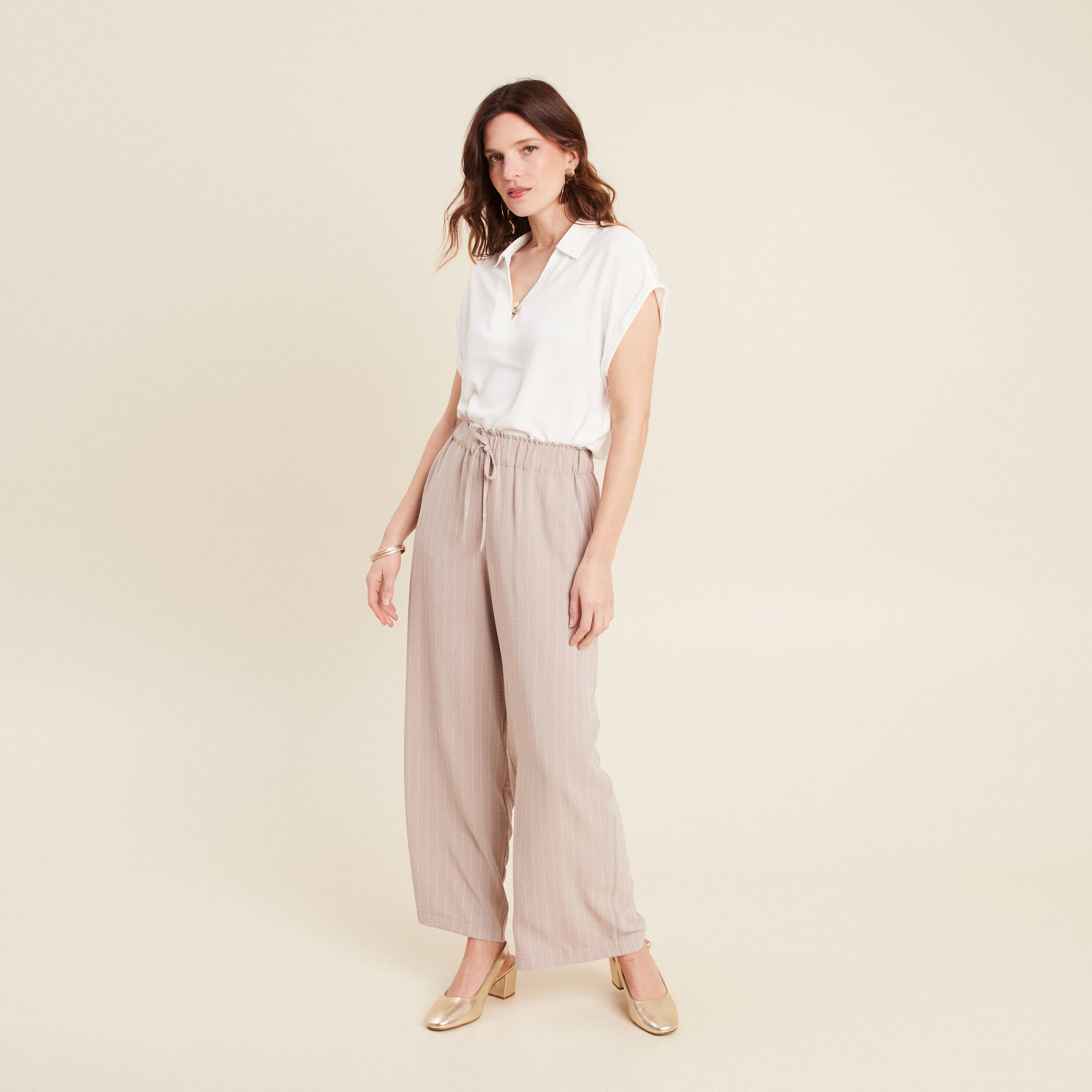 Pantalon large taille haute beige femme