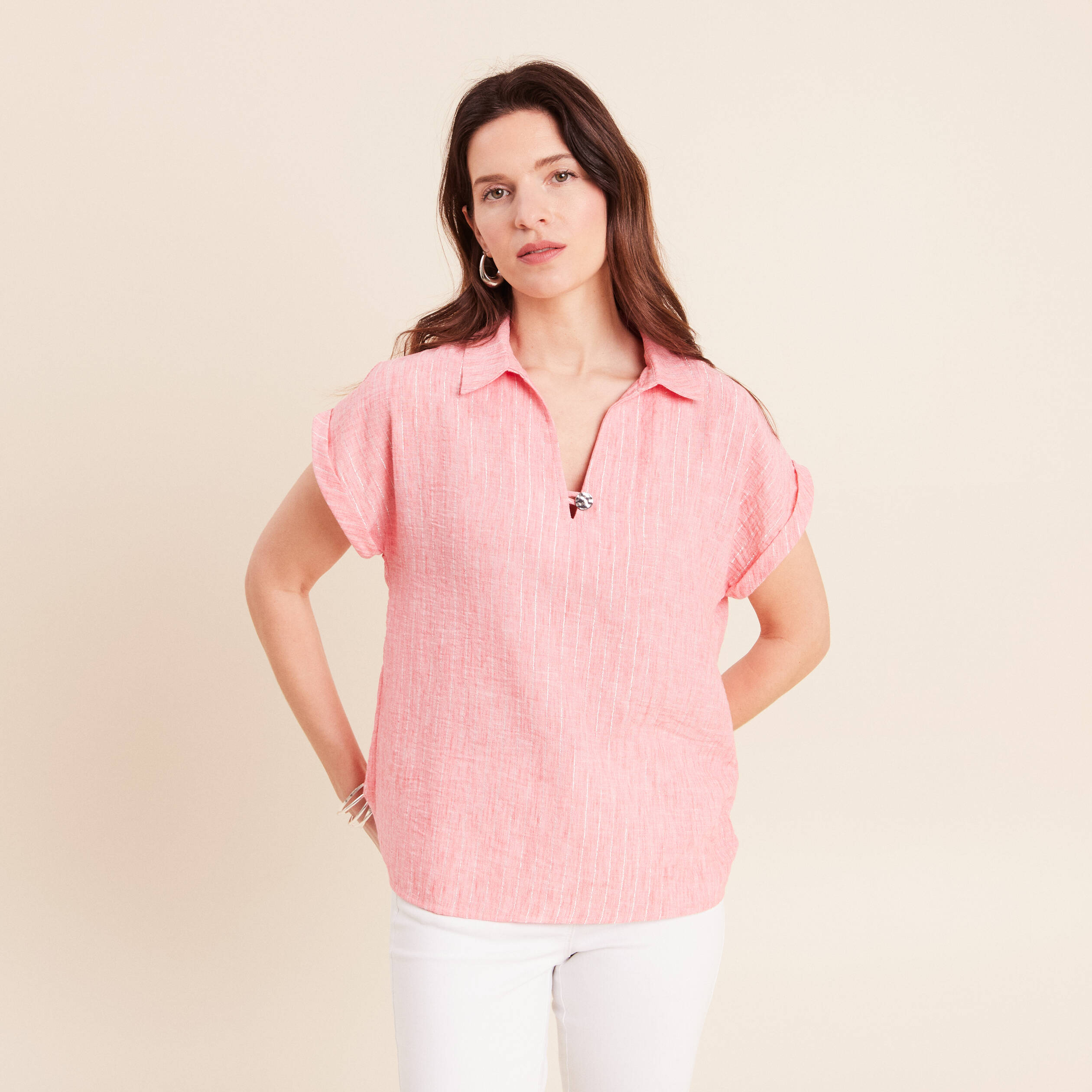 Blouse manches courtes fluide rose corail femme