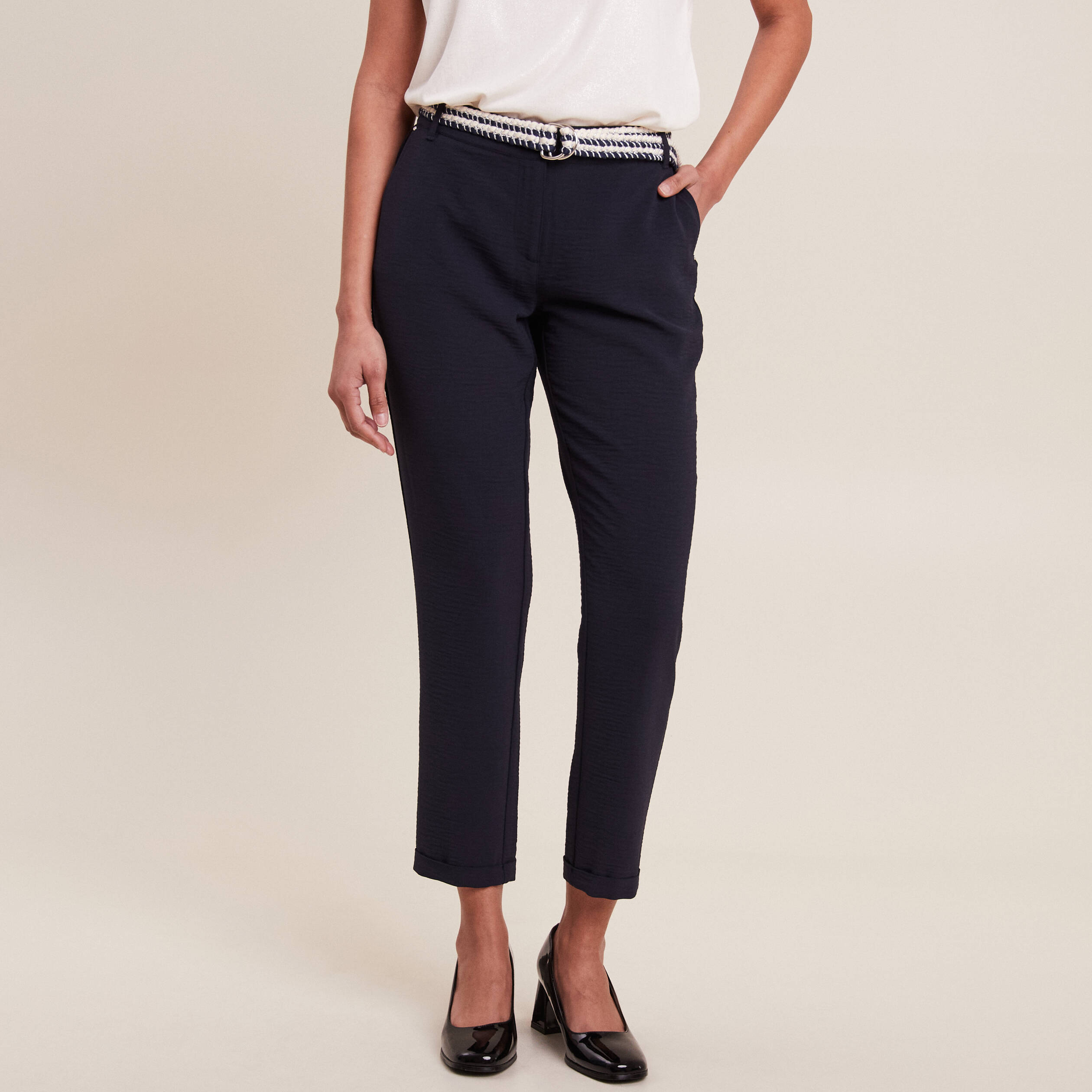 Pantalon chino à ceinture bleu foncé femme