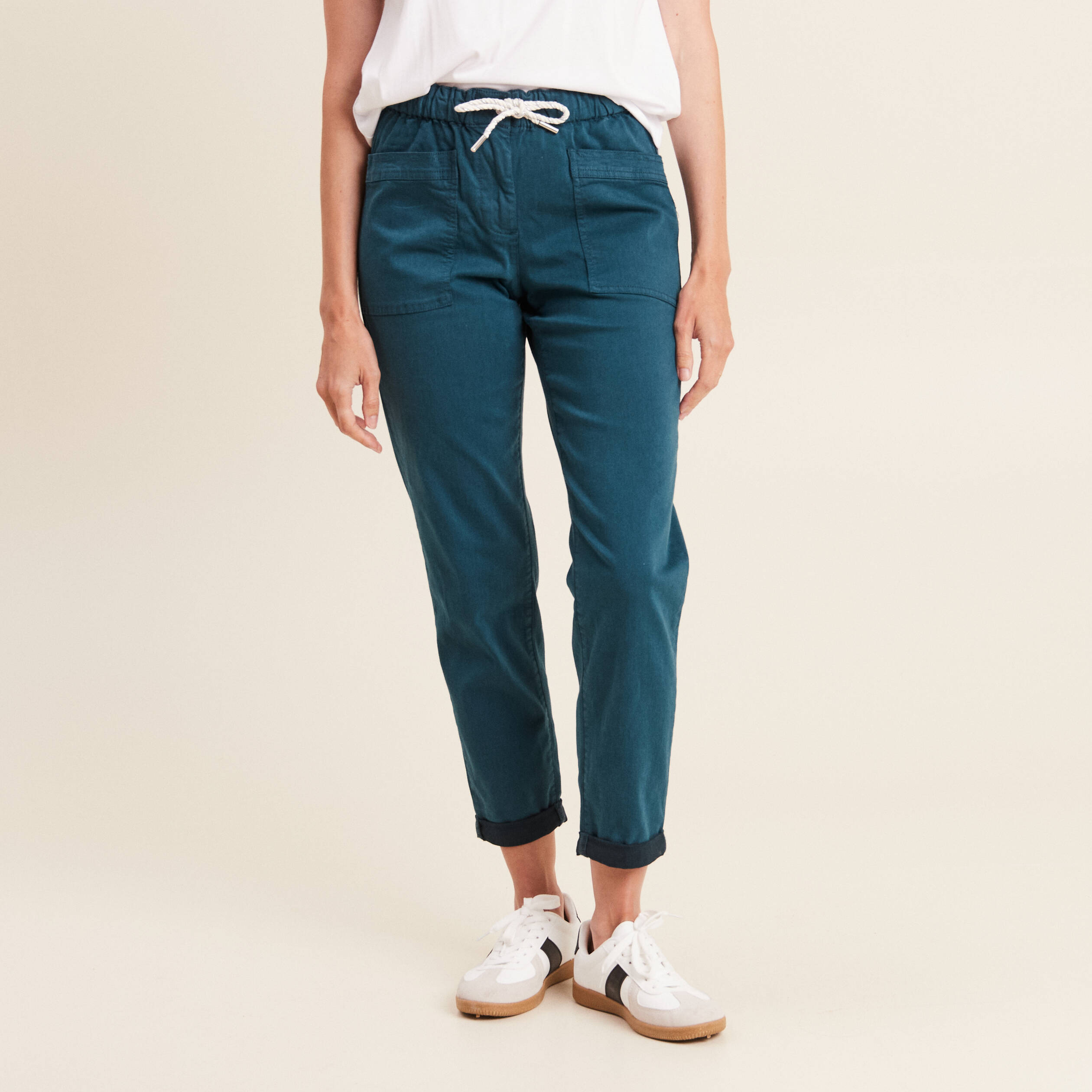 pantalon coupe droite a coulisse bleu canard femme Pantalon coupe droite à coulisse bleu canard femme
