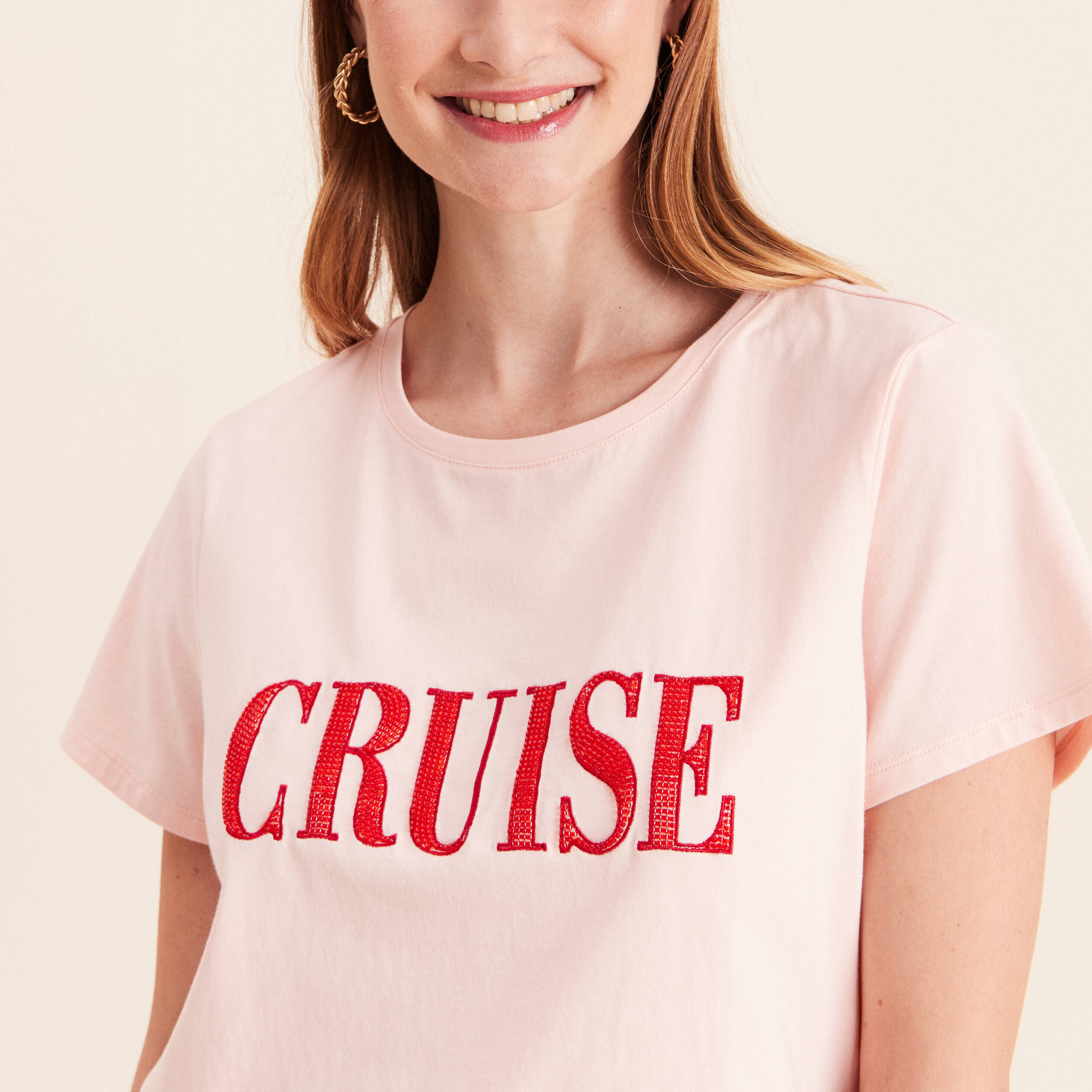 T-shirt col rond manches courtes rose poudr&eacute;e femme