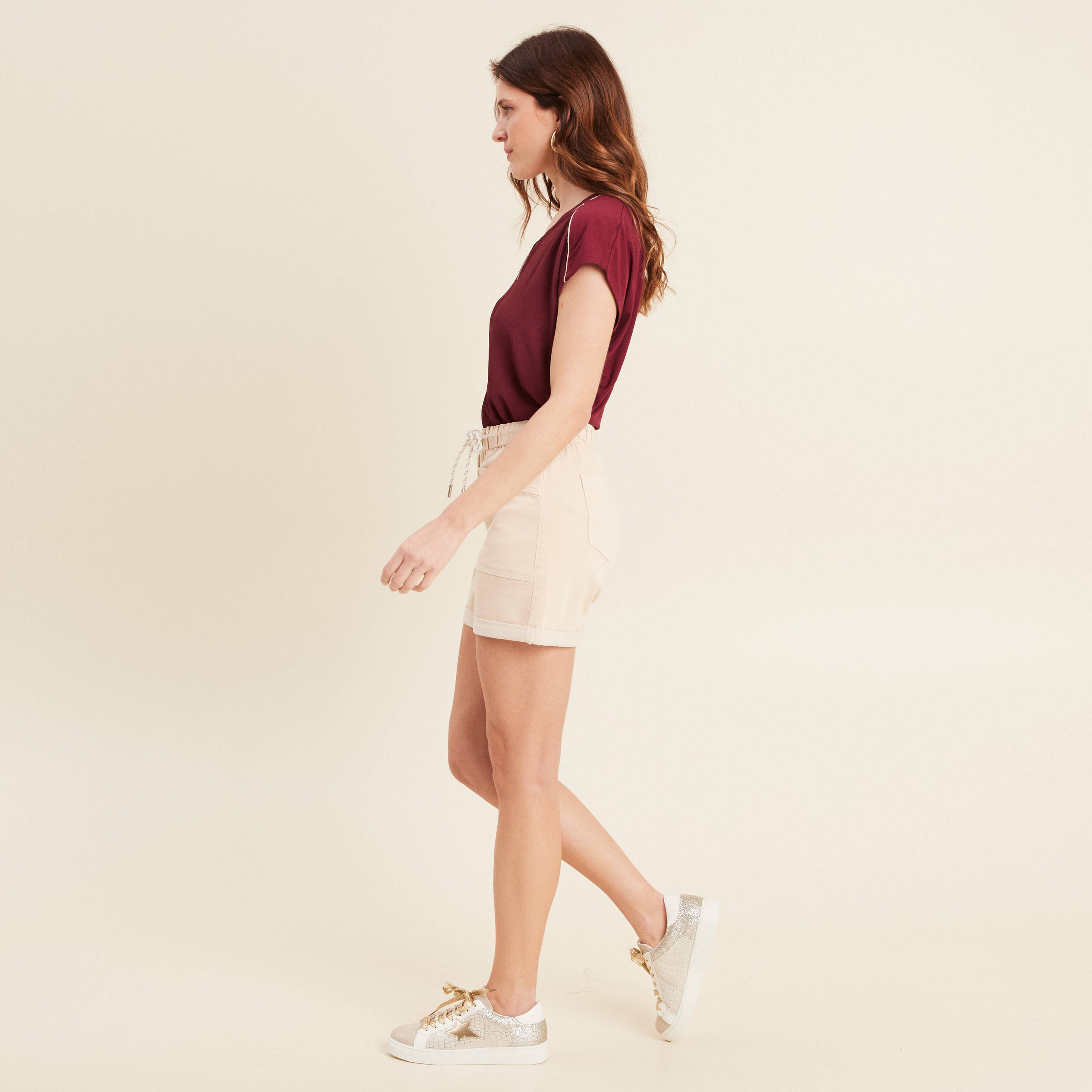 short droit taille elastiquee ivoire femme Short droit taille élastiquée ivoire femme