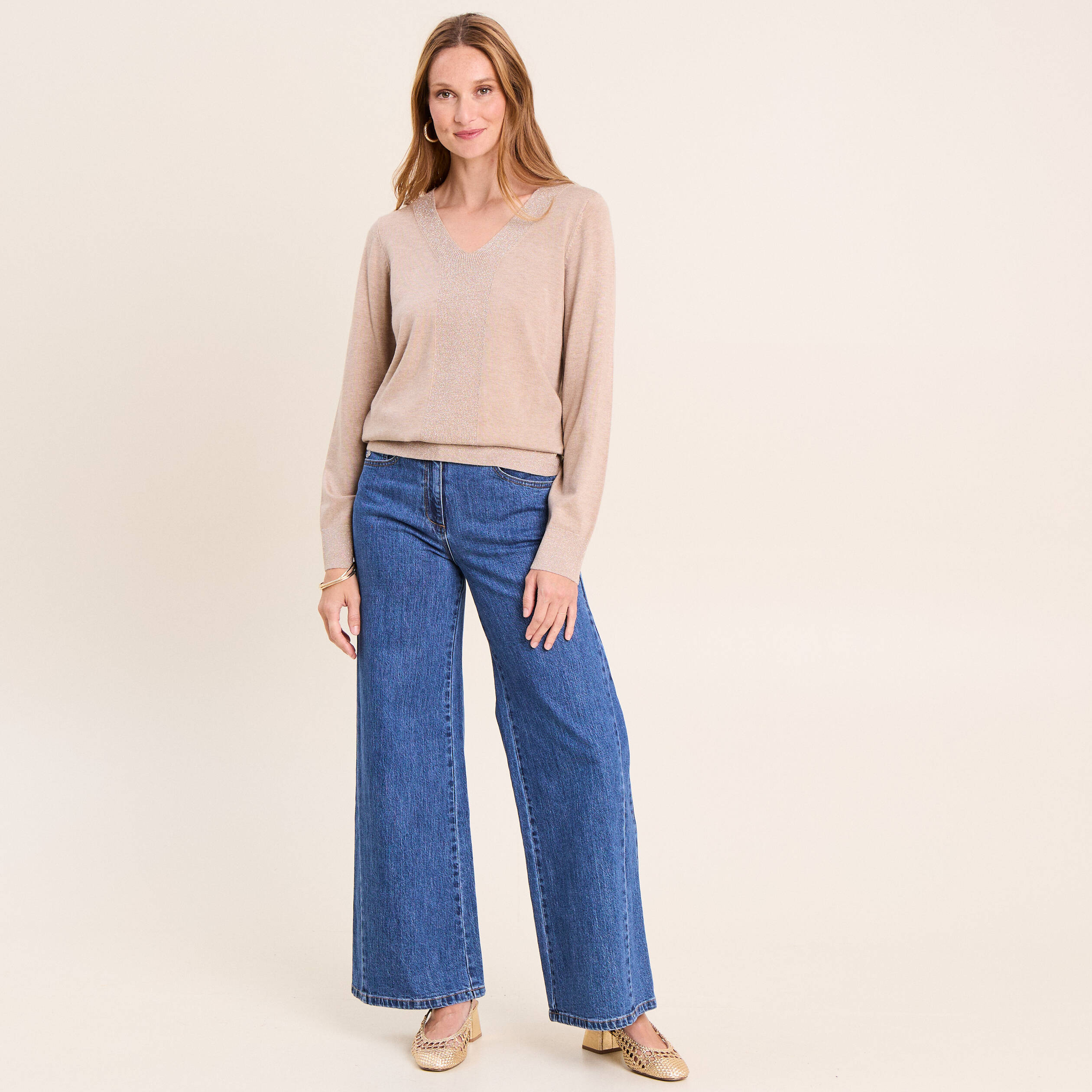 Pull manches longues beige femme