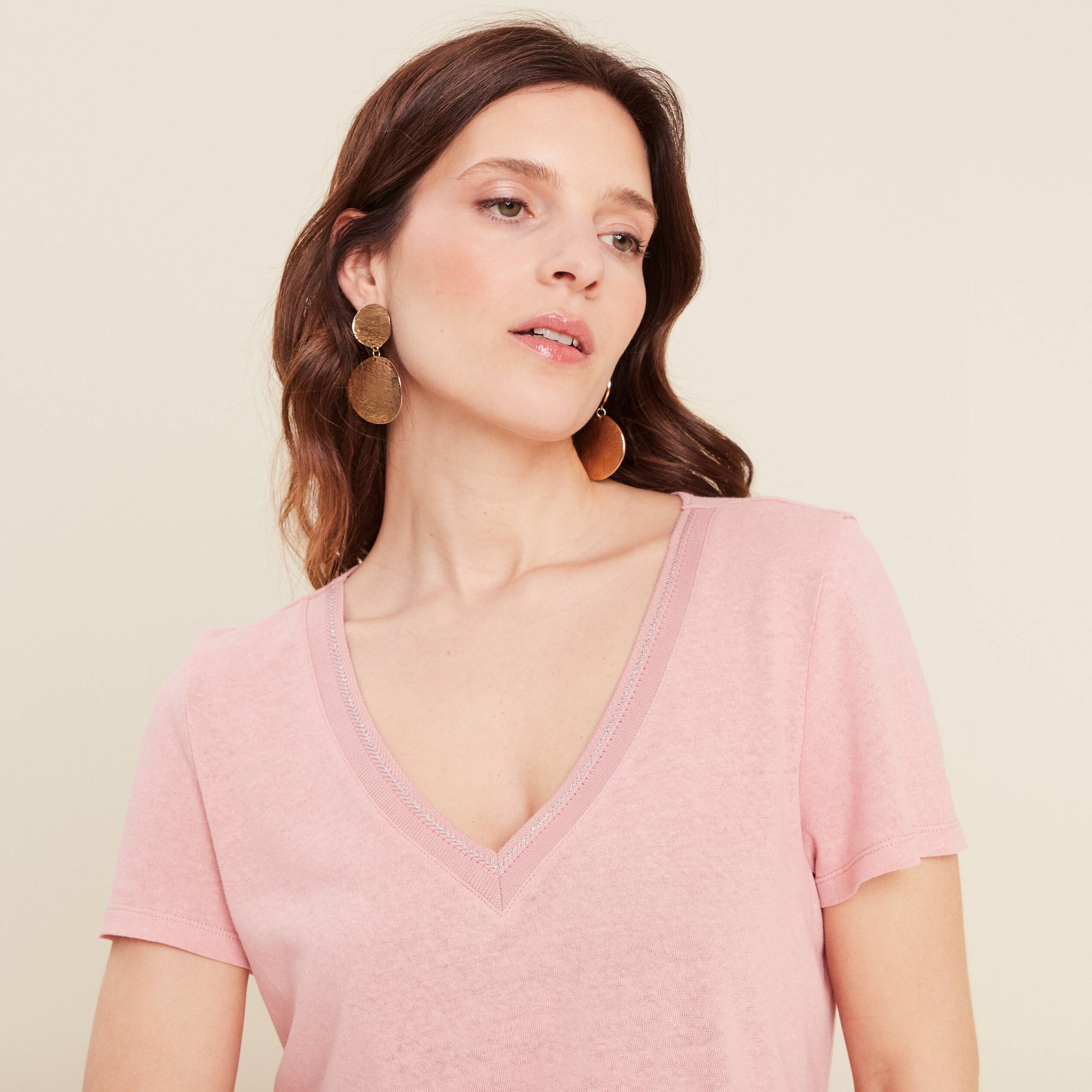 T-shirt manches courtes col en V vieux rose femme