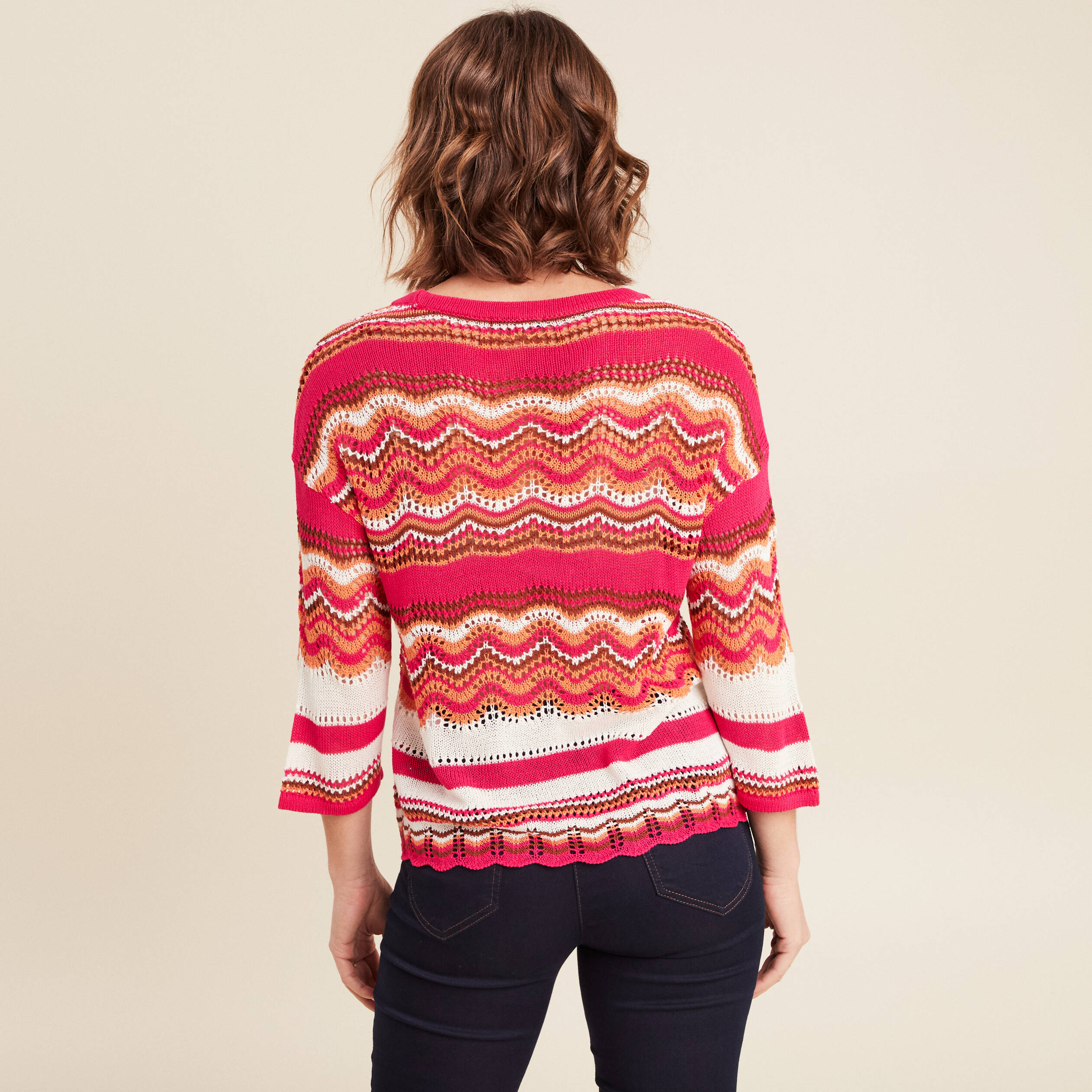 Pull manches 3/4 ajouré rose fushia femme