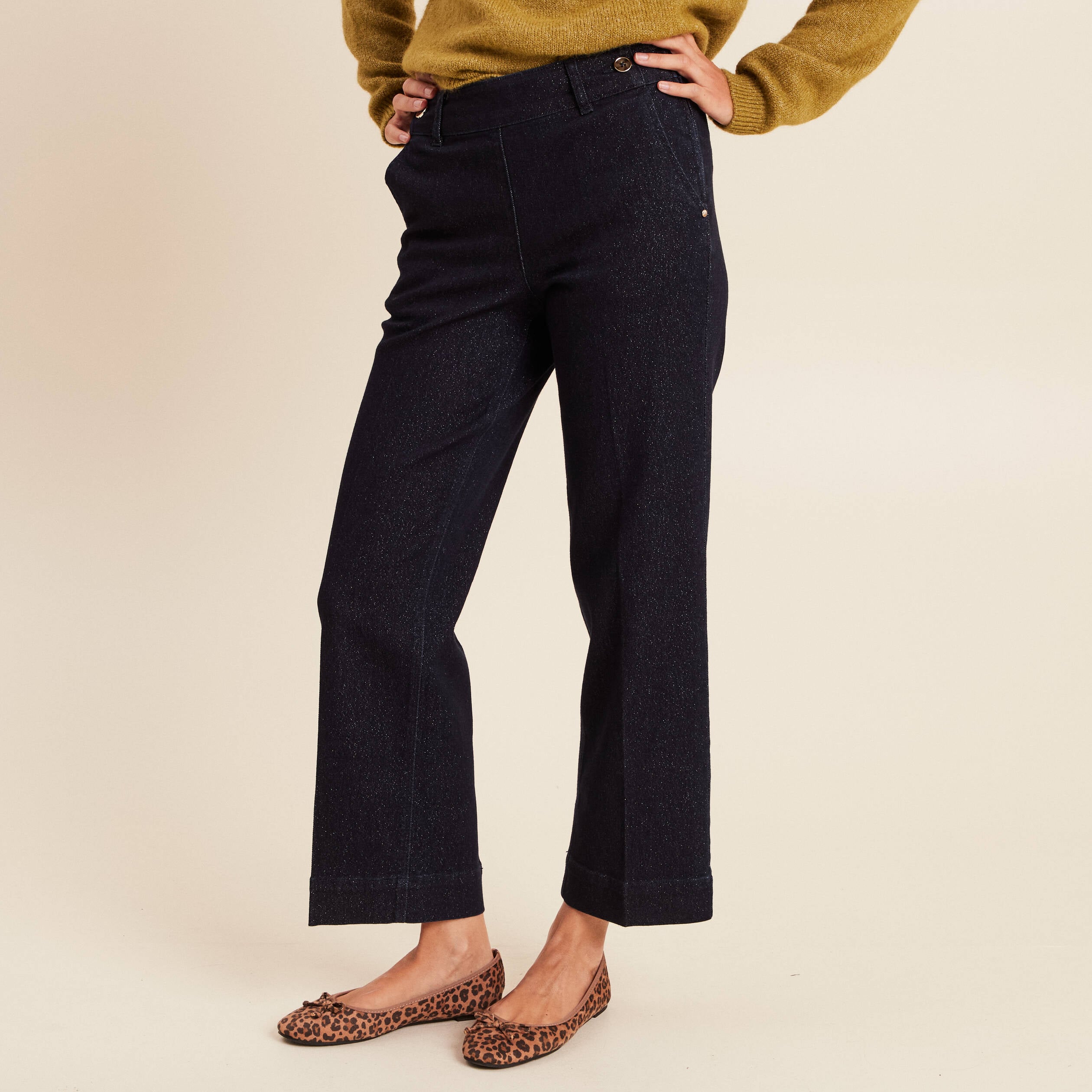 Jean large taille haute &agrave; paillettes denim brut femme