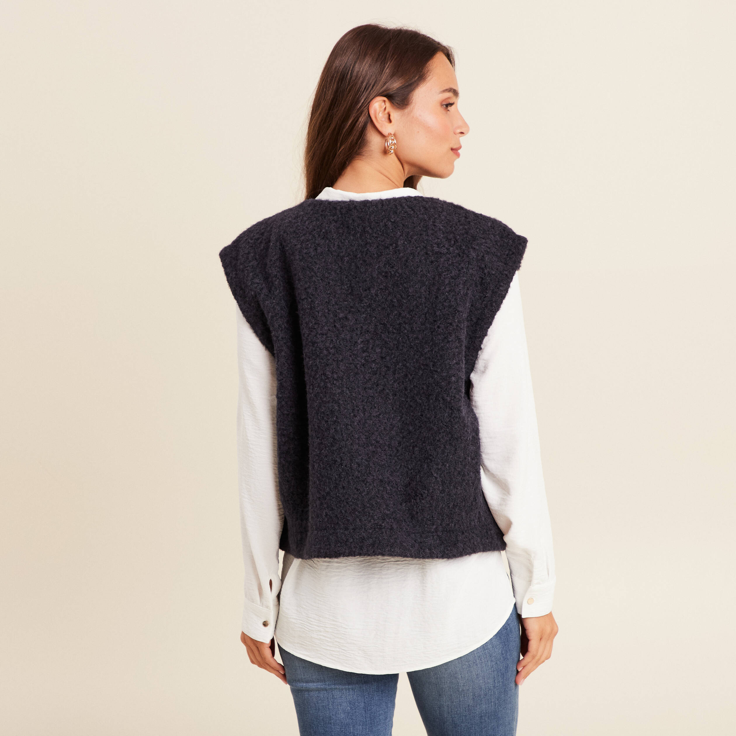 gilet ample sans manches bleu fonce femme Gilet ample sans manches bleu foncé femme