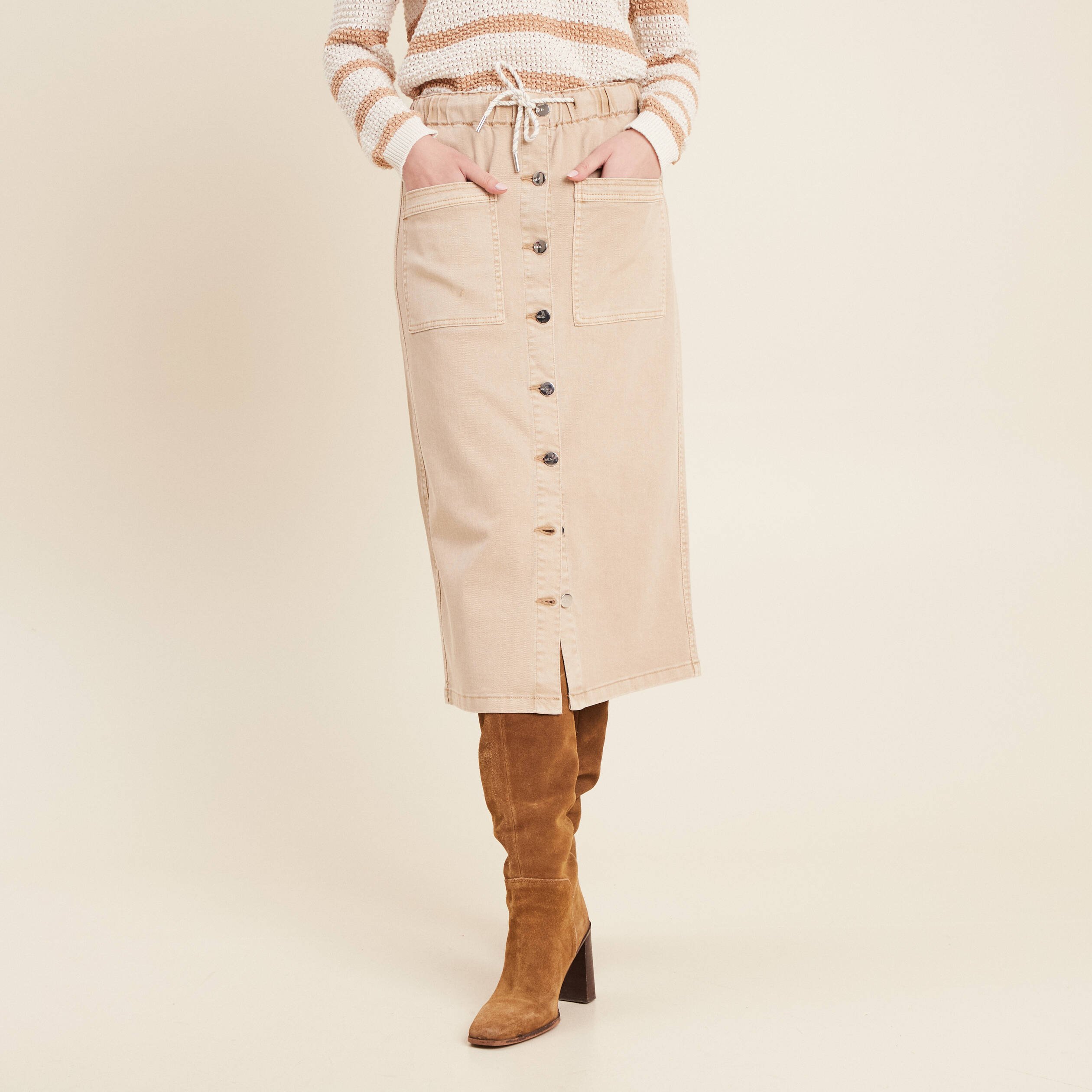 jupe longue droite en jean denim beige femme Jupe longue droite en jean denim beige femme