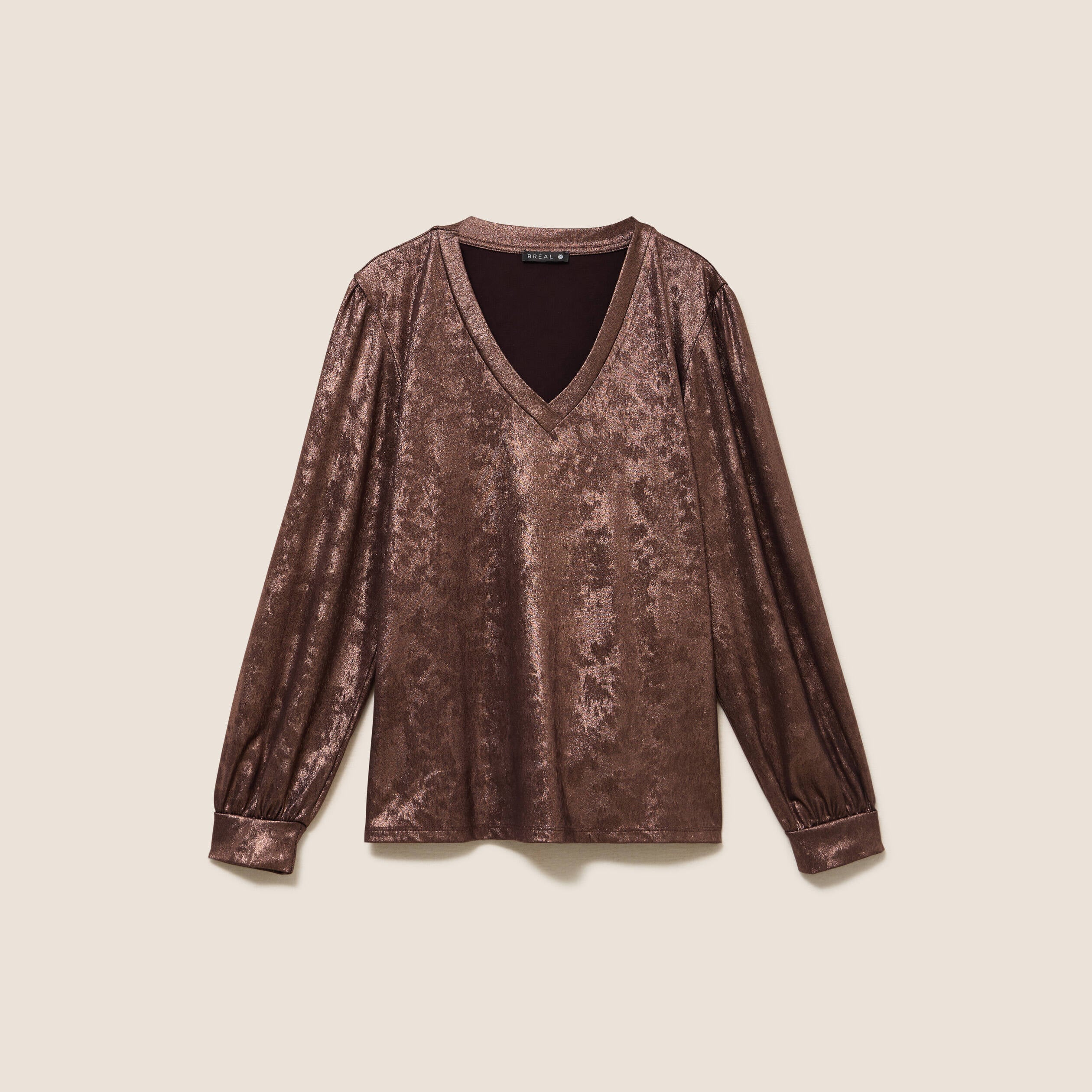 Blouse col v manches longues marron fonc&eacute; femme