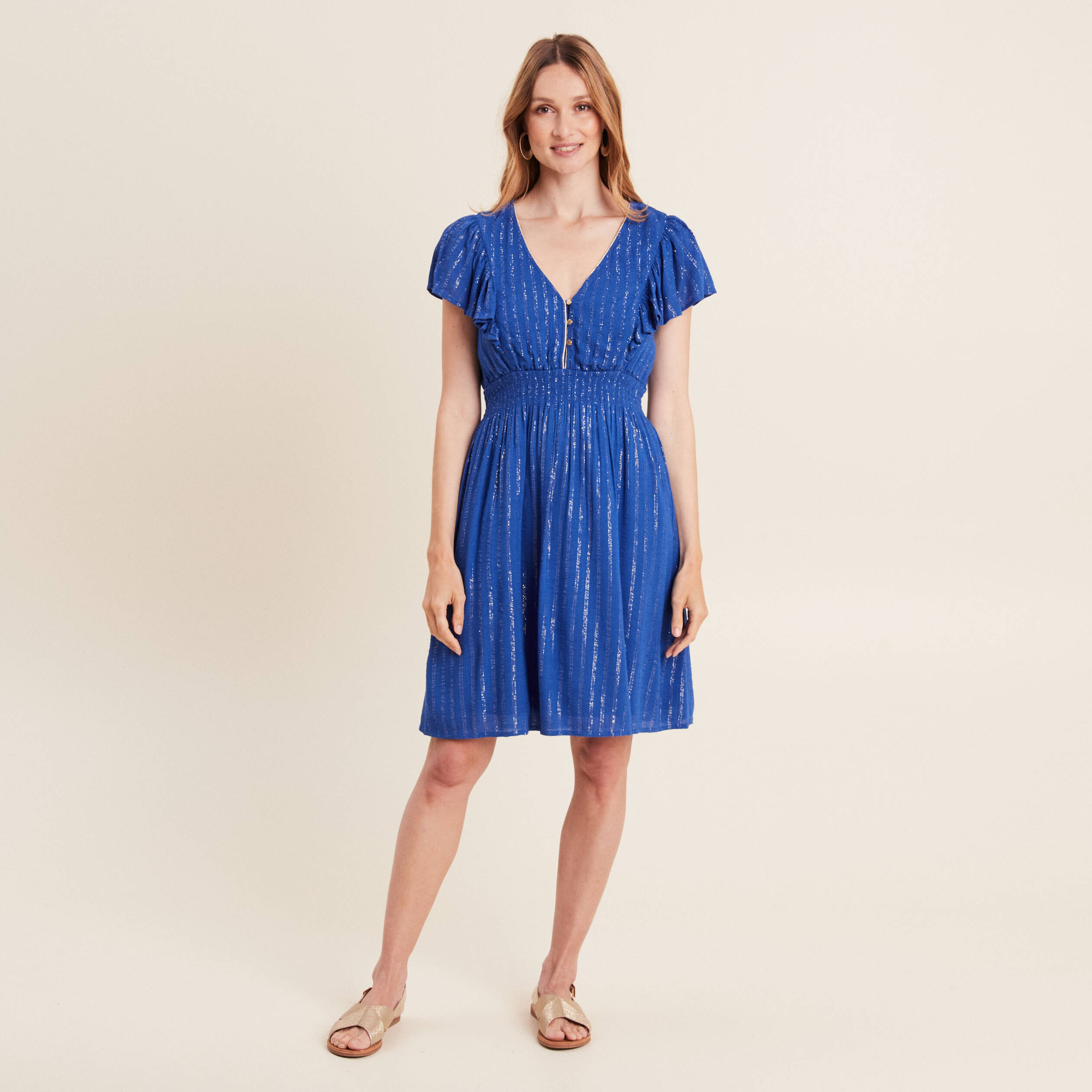 Robe droite fluide smockée bleu electrique femme