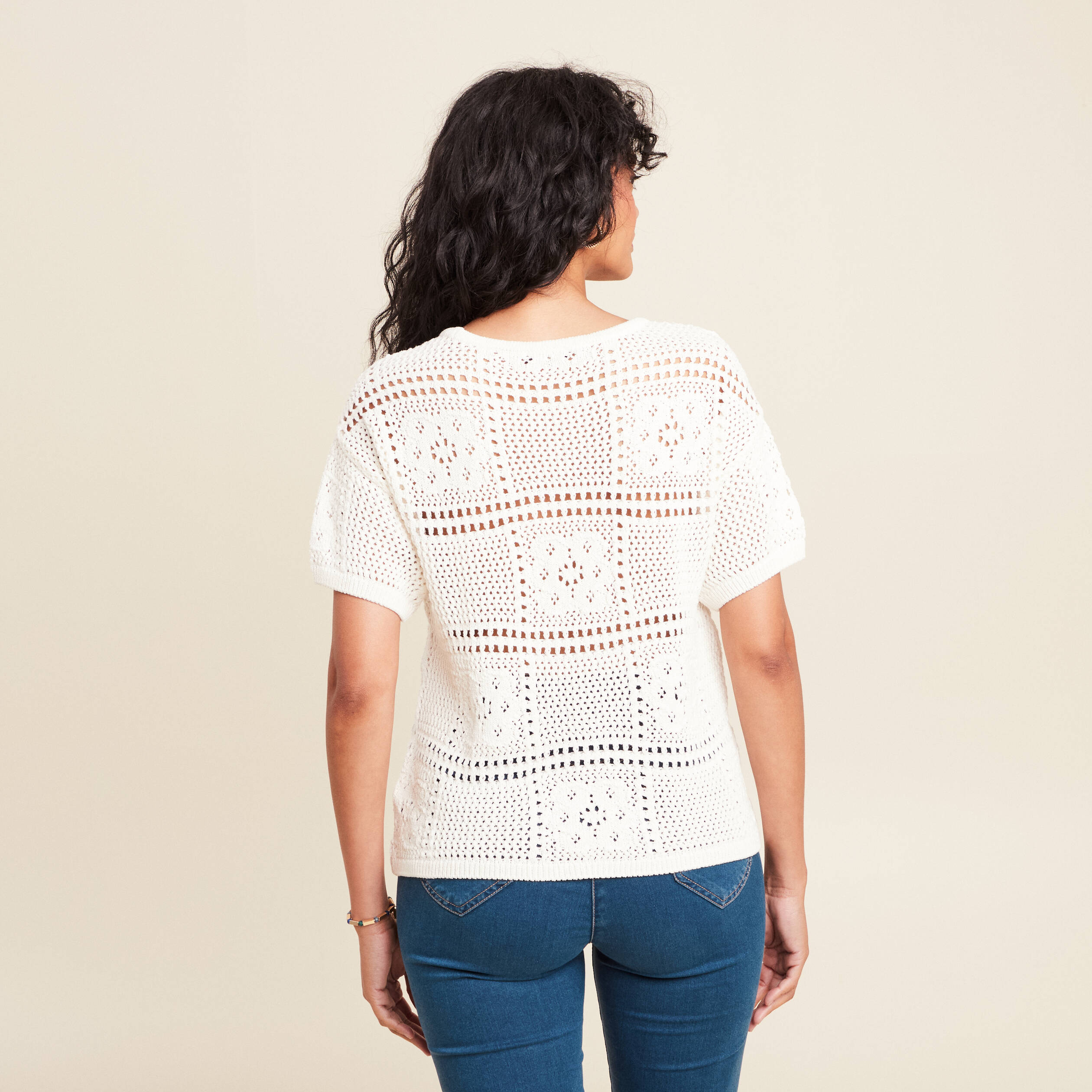 pull court col rond manches courtes ecru femme Pull court col rond manches courtes ecru femme