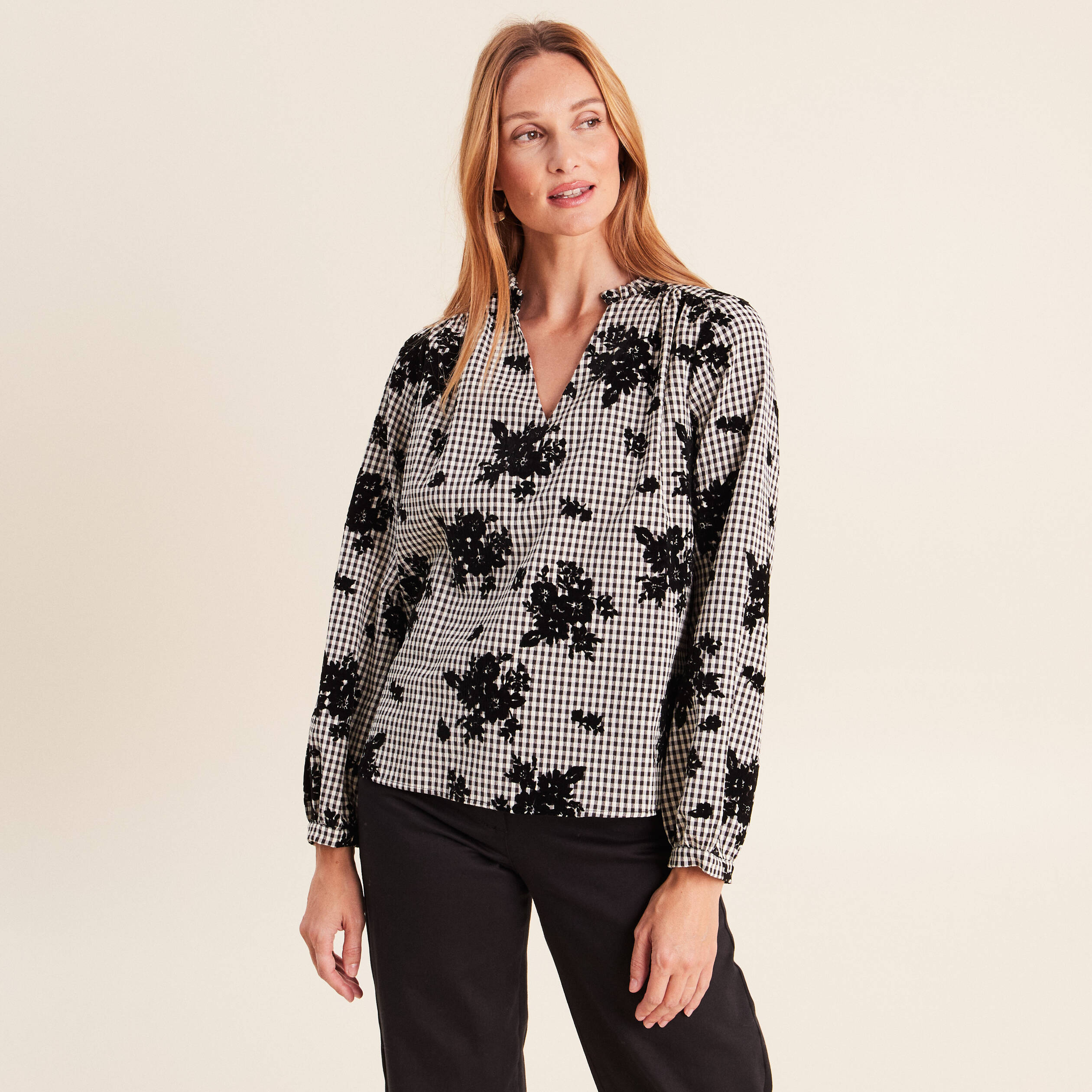 Blouse col v manches longues bleu femme