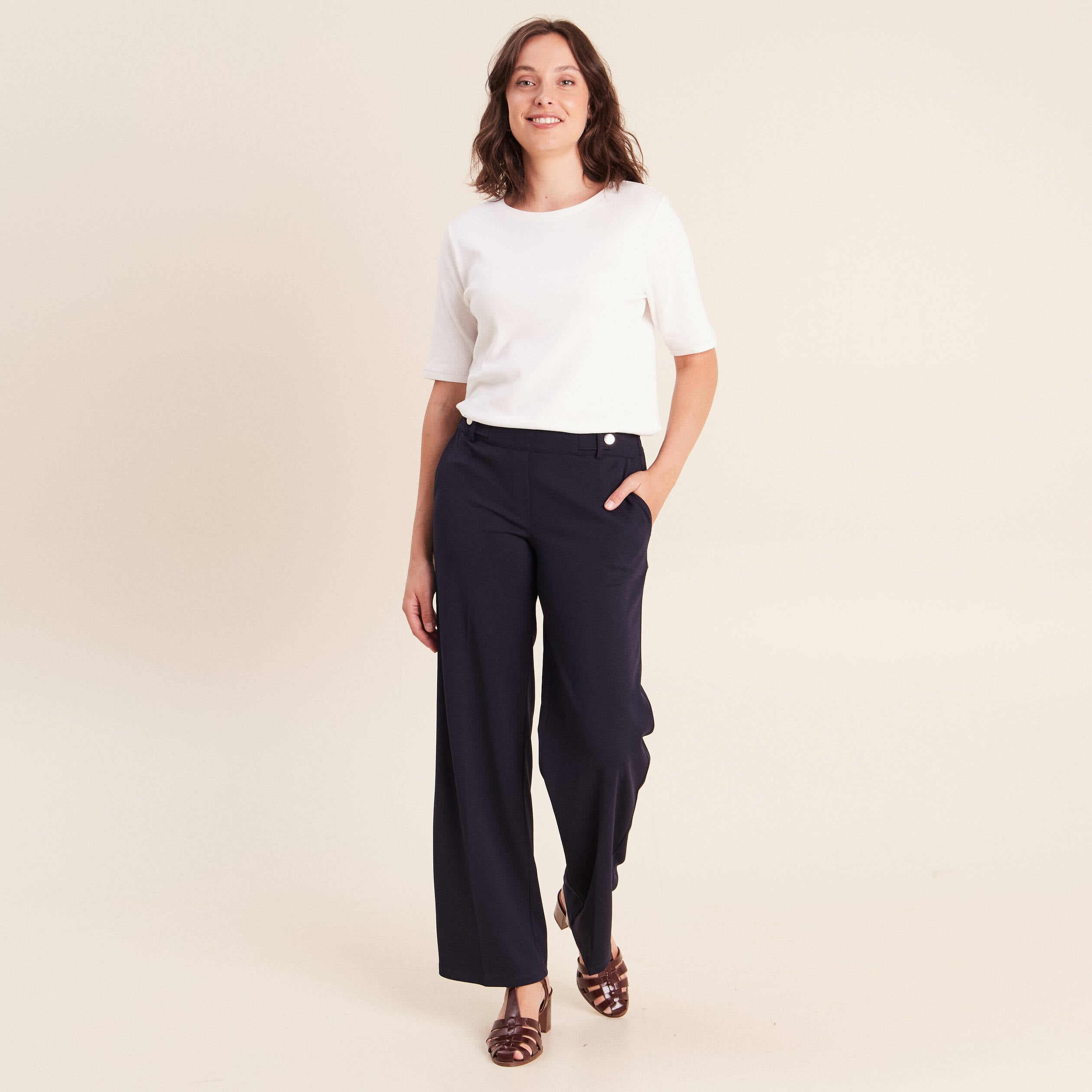 Pantalon taille haute bleu fonc&eacute; femme