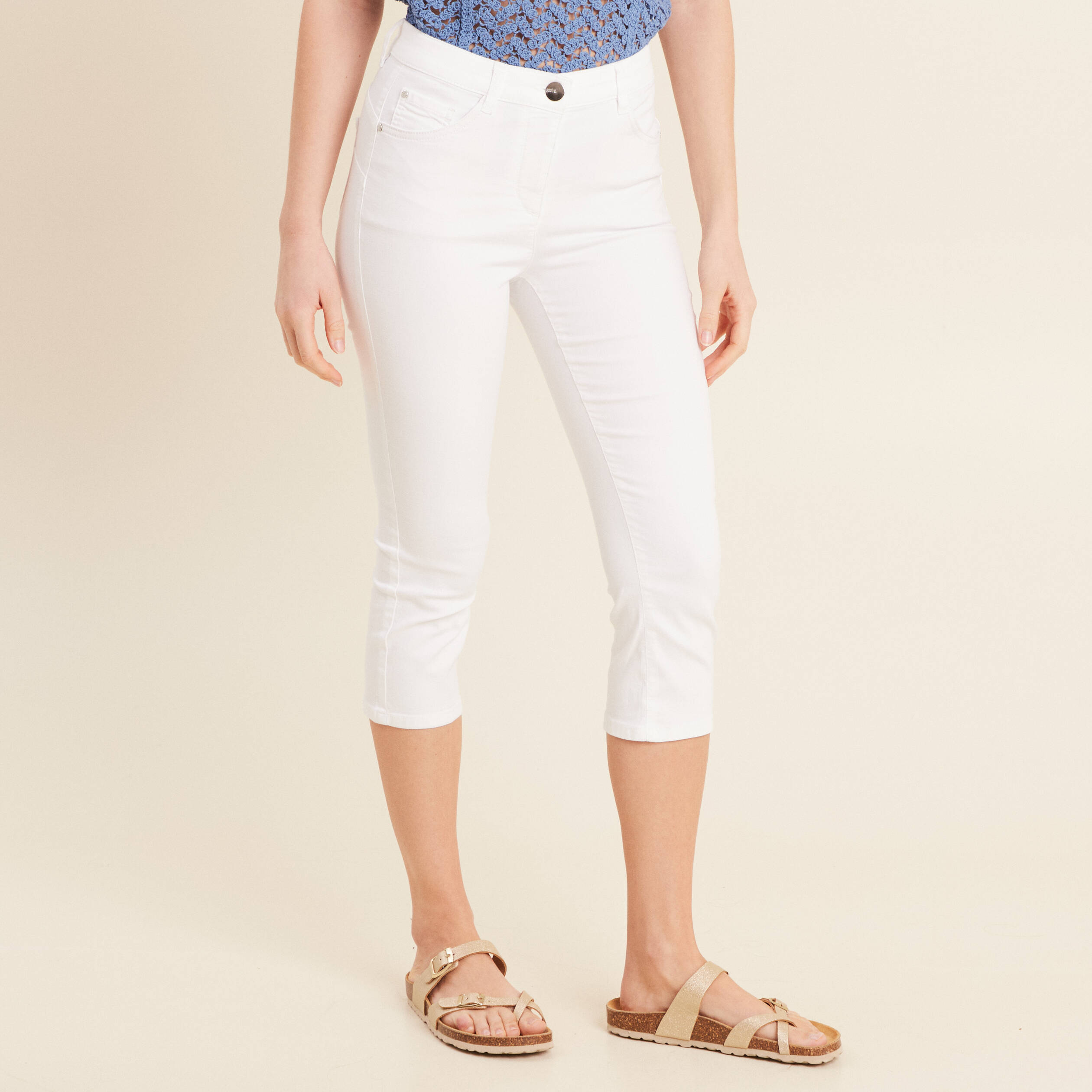 Pantacourt droit taille standard blanc femme